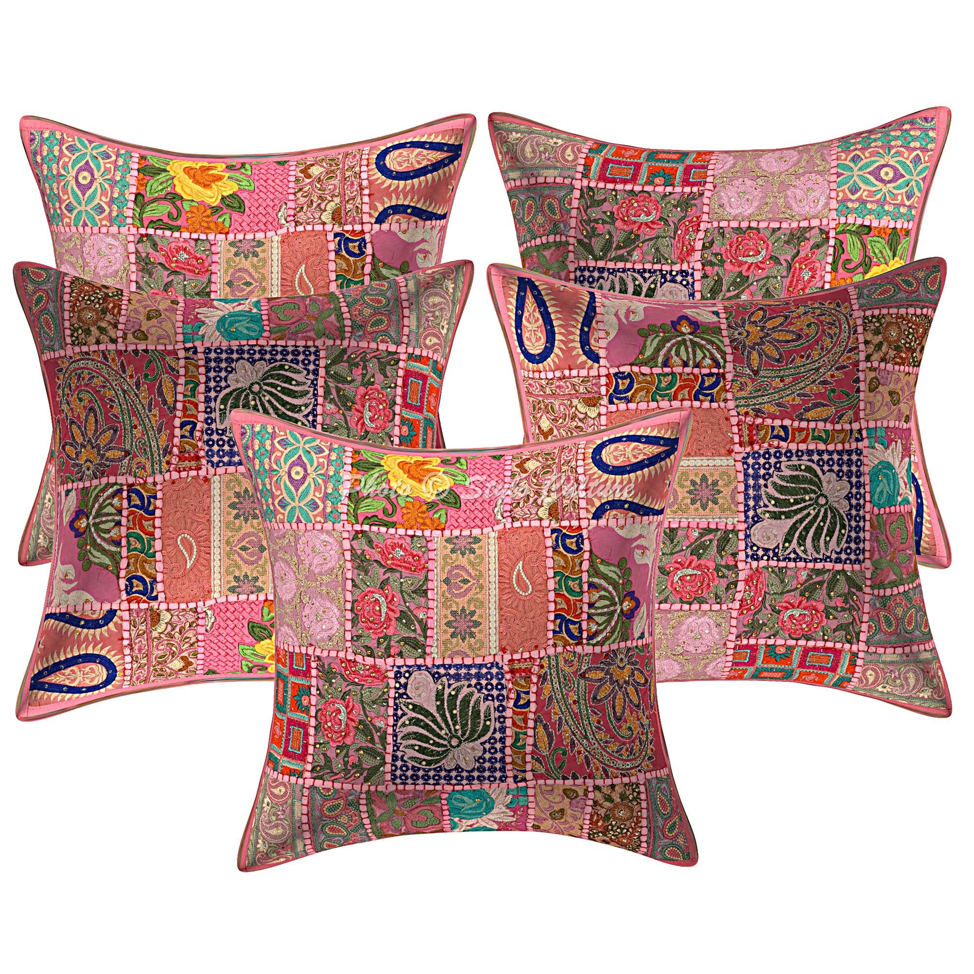 Ethnisch Dekorativ Baumwolle Couch Kissenbezüge 40x40 cm Baby Pink Dekokissen Vintage Patchwork Schlafzimmer Sofa Kissen Bezüge Abstrakt Quadrat Umschlagverschluss Kissenhullen - 5 STK.