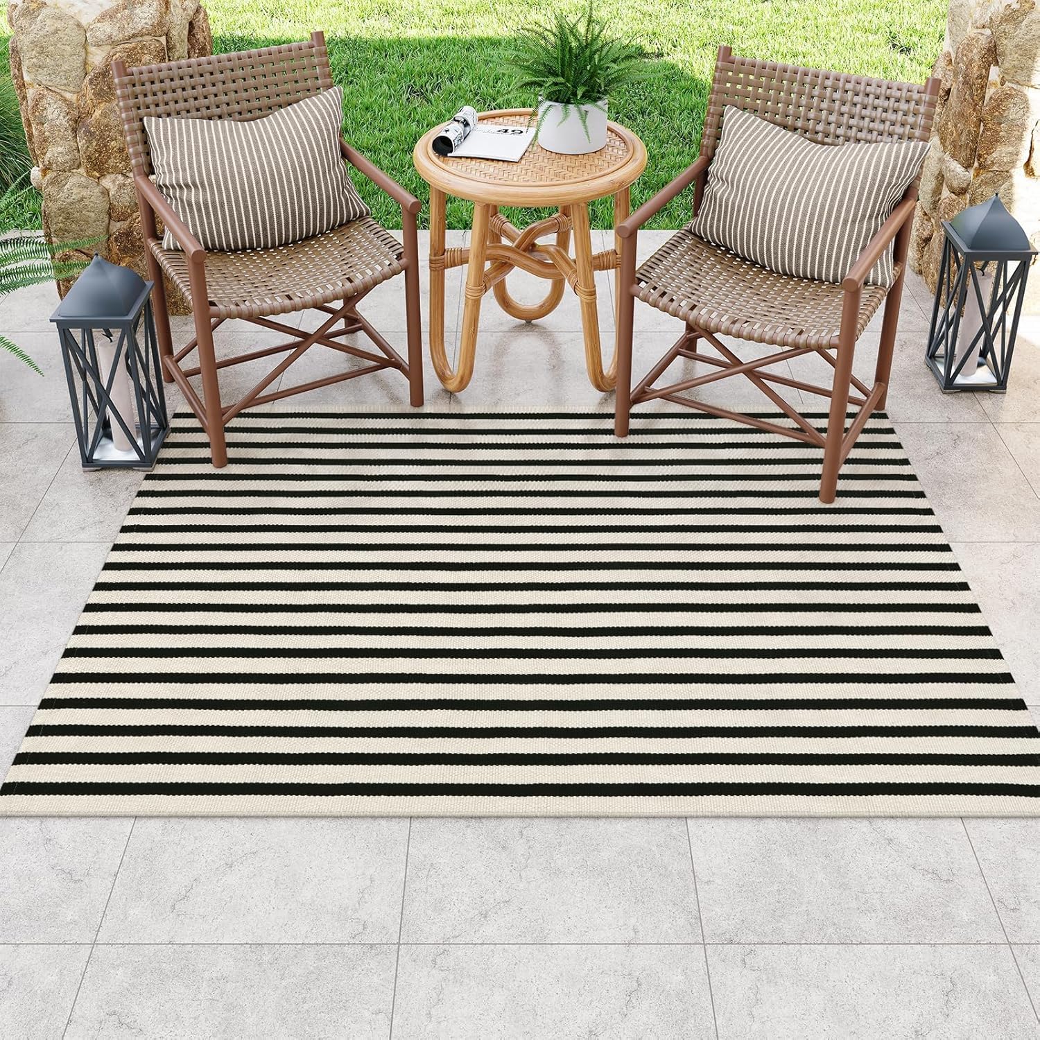 OJIA Washable Area Rugs 4'x6', Black and Cream Outdoor Rug Cotton Woven Entryway Rugs Indoor Striped Patio Rugs Carpet Large Area Rugs for Bedroom/Porch/Deck/Backyard/Home Outside Entrance Decor