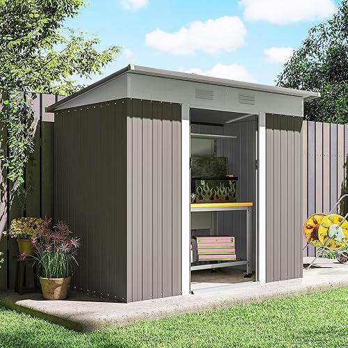 Miniatura 8 de Outsunny Cobertizo de metal de 8 x 4 pies, cobertizo de almacenamiento al aire libre, casa de herramientas de jardín con puertas correderas dobles,
