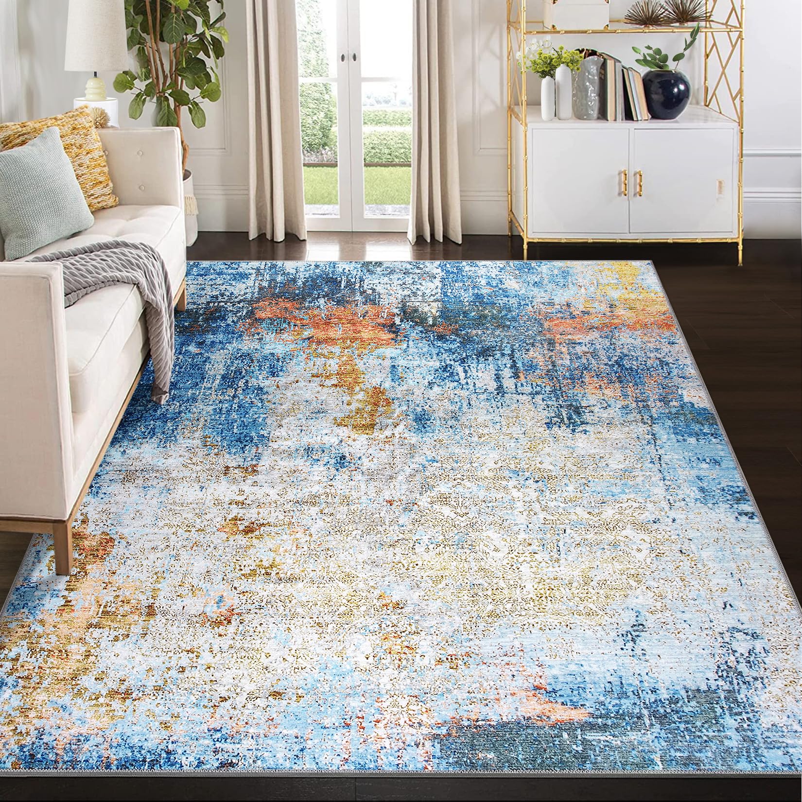 9x12 Area Rug Extra Large Rug Machine Washable Modern Abstract Area Rug Contemporary Stain Resistant Non-Slip Accent Rug Foldable Floor Cover Carpet for Living Room Bedroom, Blue/Orange