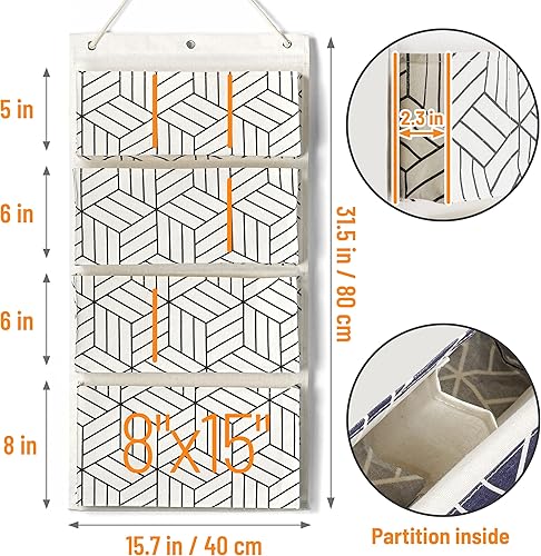 Miniatura 4 de HZZTY BRNY Bolsas de almacenamiento para colgar sobre la puerta, 4 estantes, organizador de armario, 8 bolsillos, tela de lino y algodón,