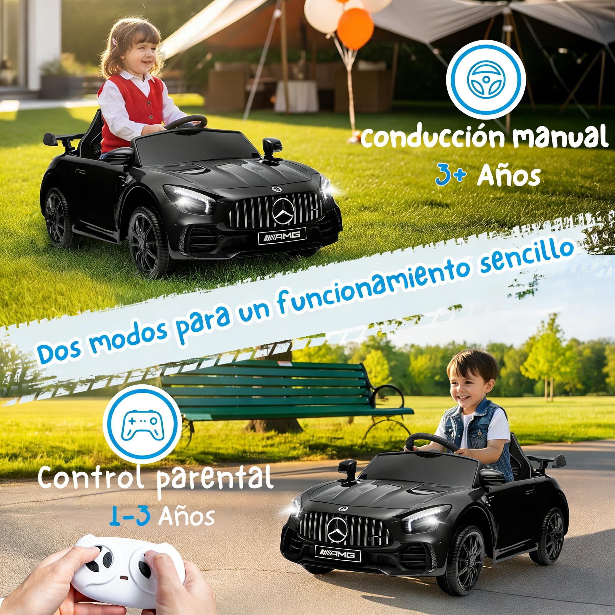 LALAHO Mercedes AMG GTR 12V Coche Eléctrico para Niños Doble Motor Control Remoto MP3 Negro