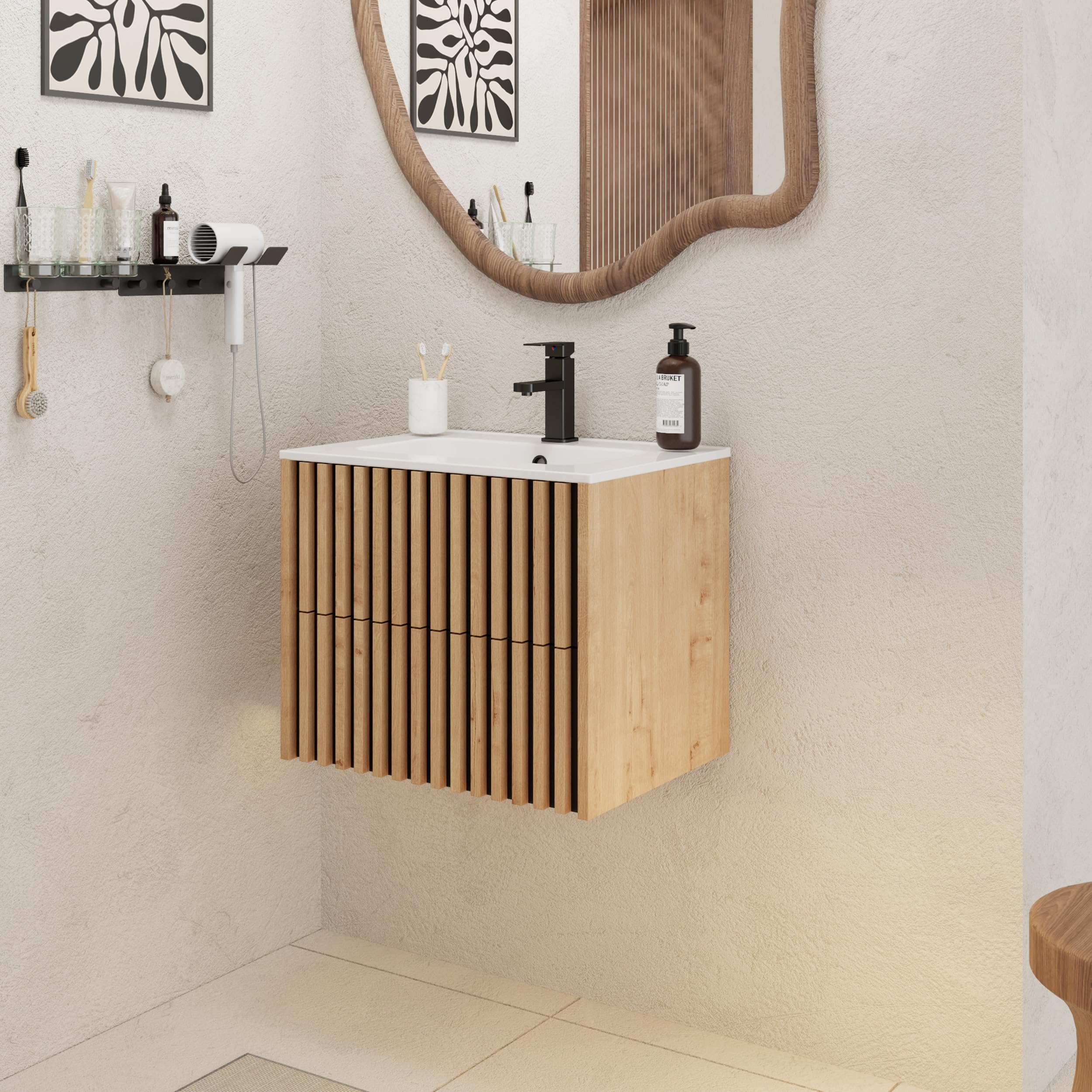 UEV Meuble Salle de Bain 60cm, Meuble Suspendu avec Lavabo en Céramique, Deux Tiroirs avec Grand Espace de Rangement, Poignée Cachée, Motif de Ligne, 60 x 45 x 50cm, Naturel