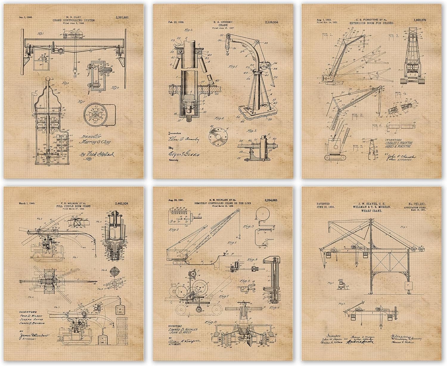 Crane Machine Patent Prints, 6 (8x10) Unframed Photos, Wall Art Decor for Home Work Office Garage Cargo Shipment Logistics School Student Teacher Construction Building Equipment Operator
