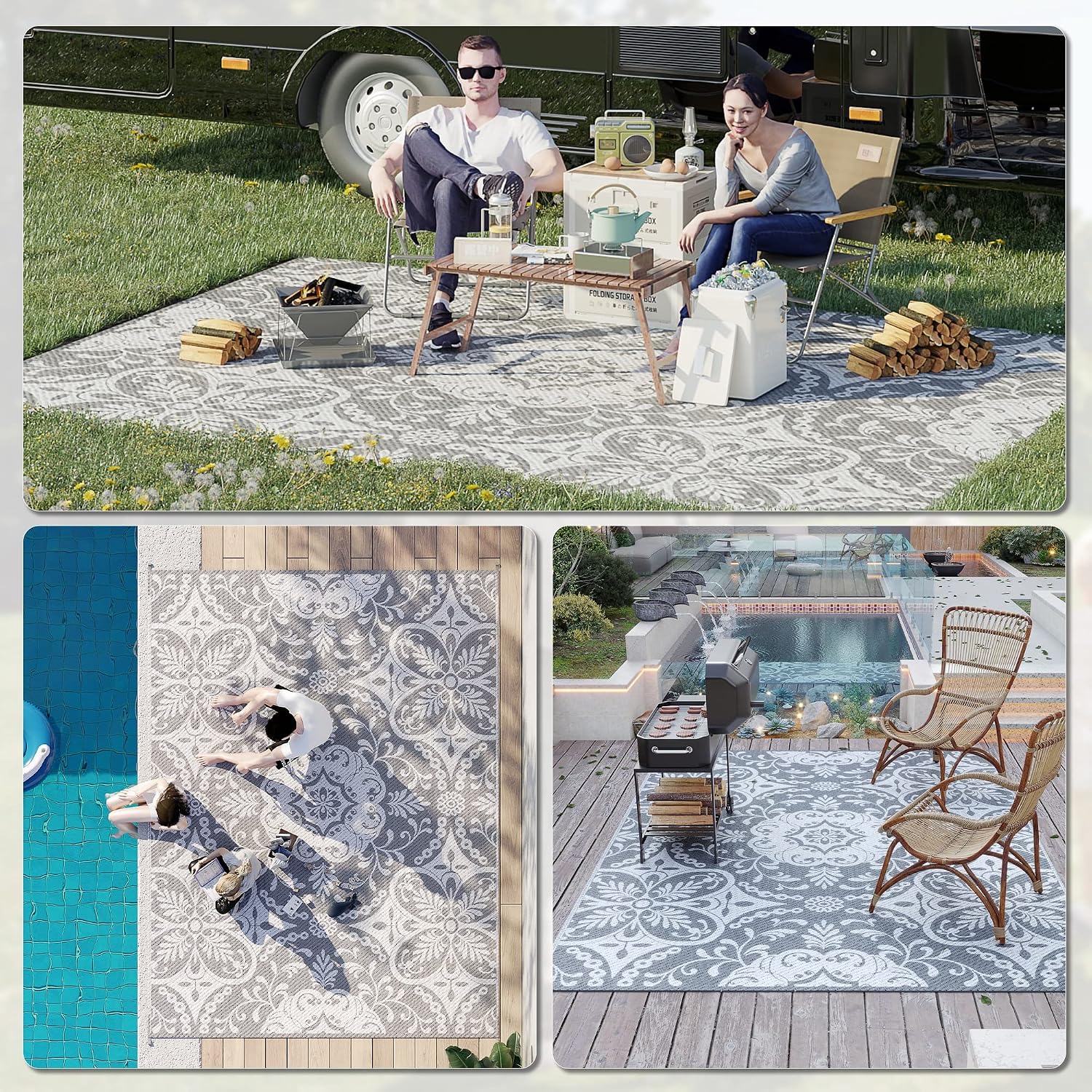 Outsunny Outdoor Rug for Patio, 9' x 12' Waterproof Large Mat, Reversible Plastic Straw Rug for Decor, Portable Outside RV Camping Area Carpet Mat for Backyard Porch Deck Picnic, Gray & White Floral