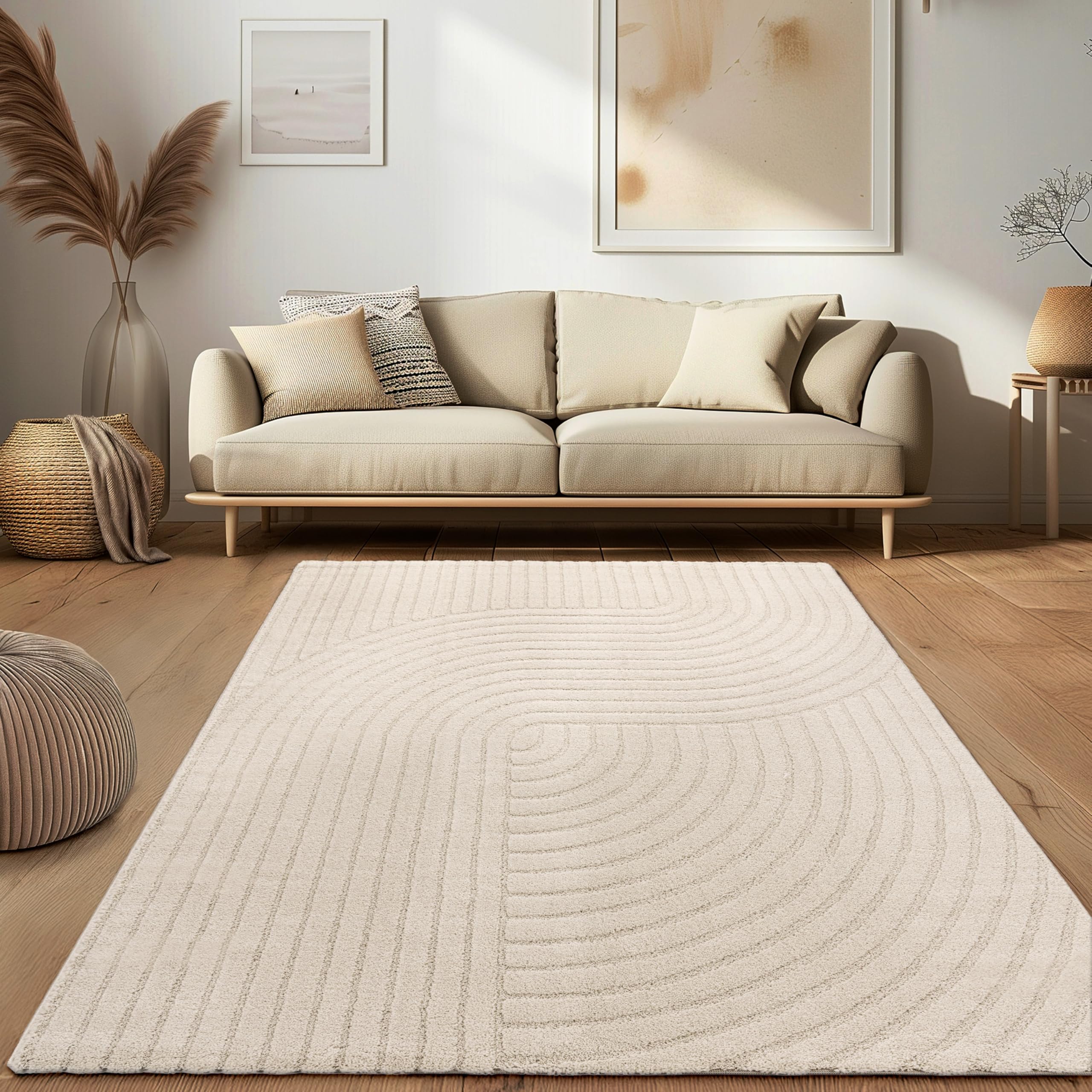 Paco Home Moderner Wohnzimmer Teppich Kurzflor Skandinavisch Japandi Stil Panglao Einfarbig Hoch-Tief-Effekt Abstraktes Muster 3D Effekt weicher Flor Creme - Regenbogen, Größe:120x160 cm