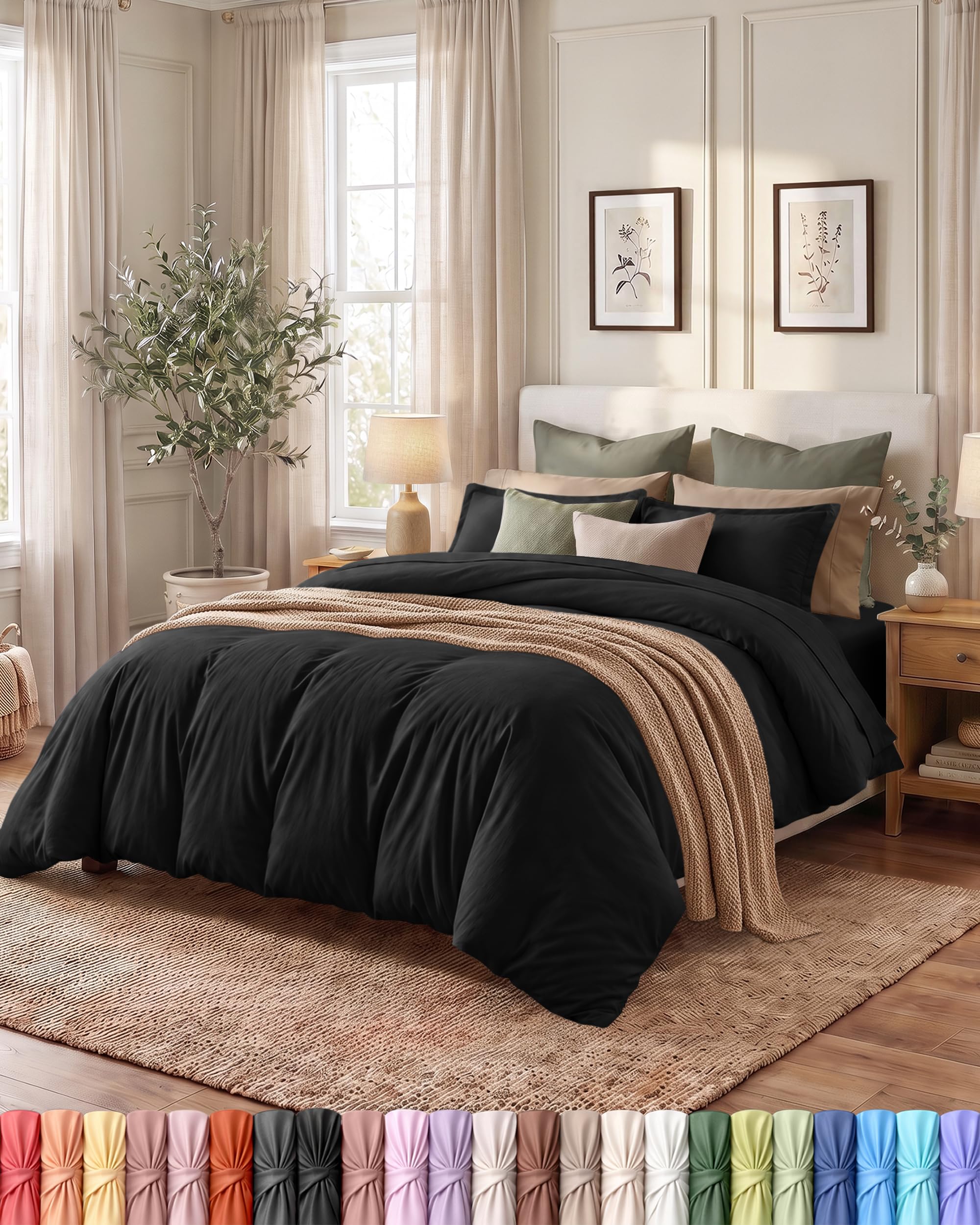 Duvet Cover Queen, 3 Piece Cotton Like Polyester With Zipper Closure, Black