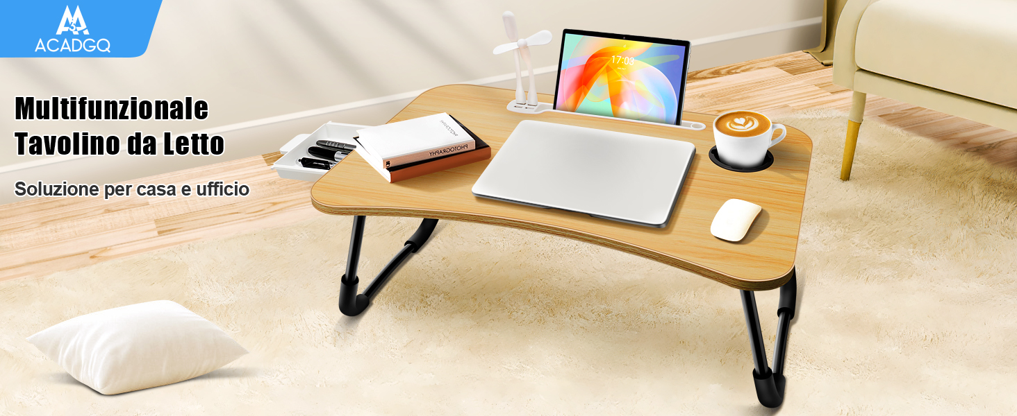 A3A ACADGQ Tavolino da Letto, Tavolo Laptop Pieghevole con 4 Interfaccia USB, Cassetto, Slot per Tazza, Supporto per Tablet, Scrivania per Letto, Divano, Pavimento (60x40cm, Colore del Legno