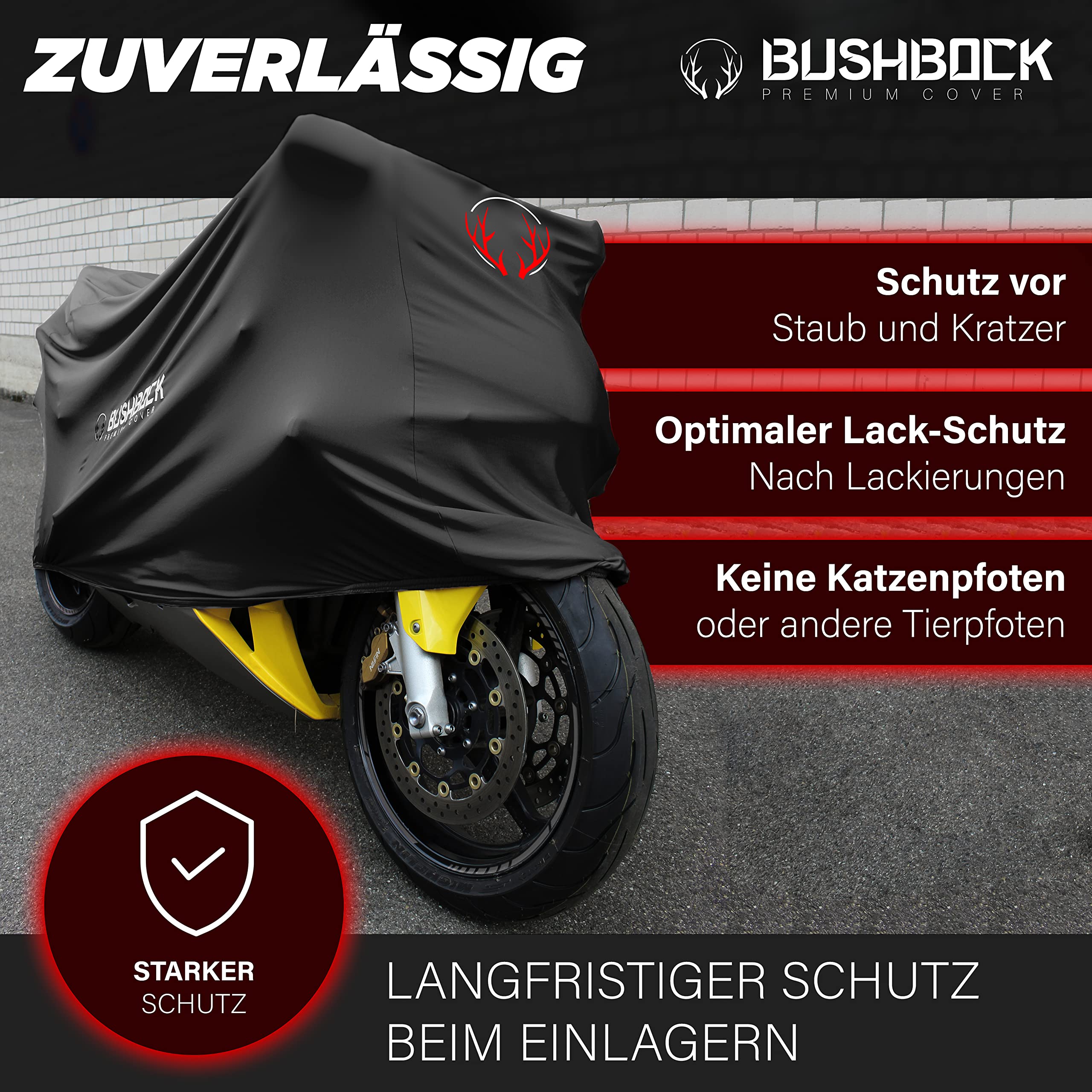 BUSHBOCK® Premium Cover Indoor motorfiets afdekzeil stofbescherming elastische, ademende fluwelen stretchstof (M - L, zwart