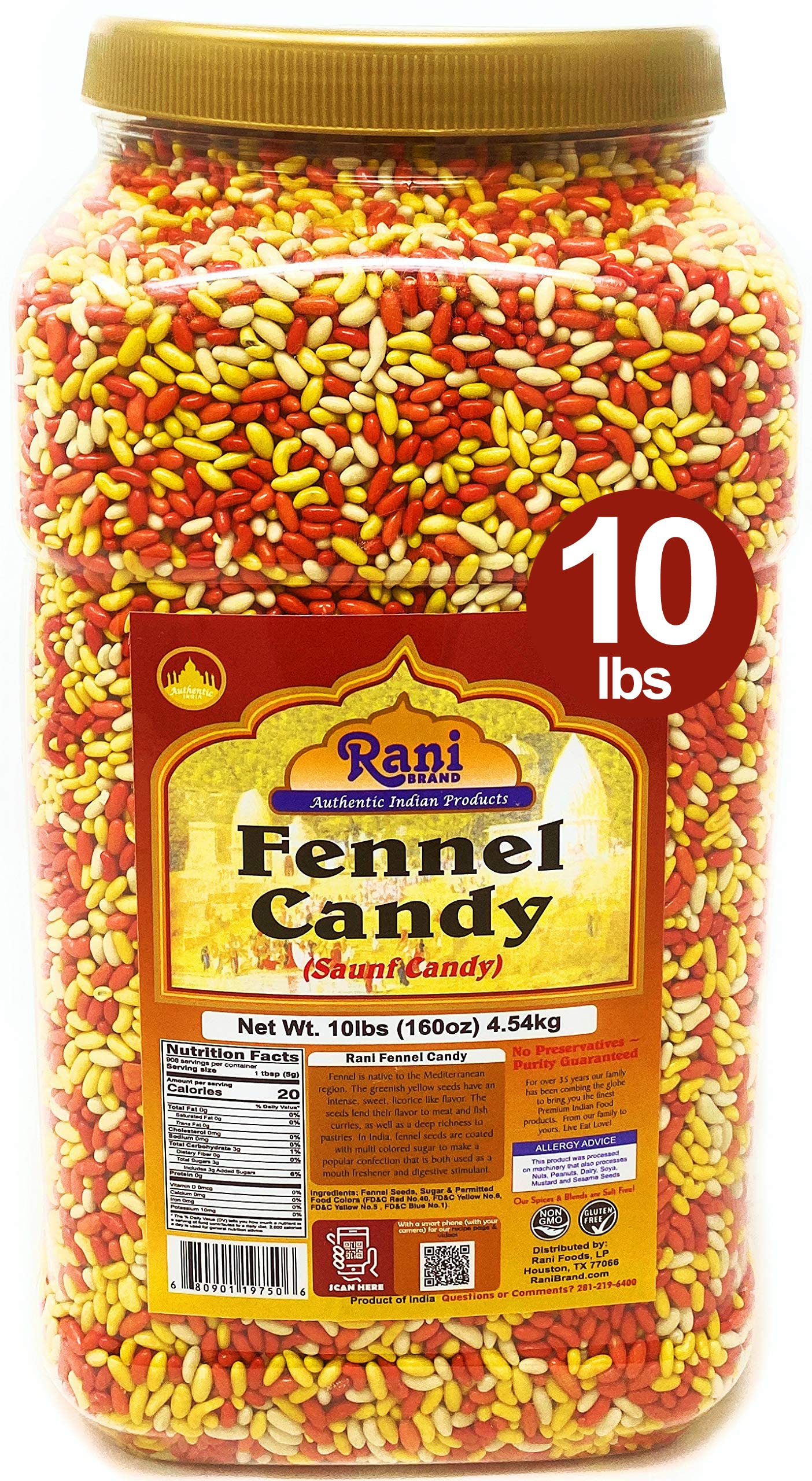Rani Sugar Coated Fennel Candy 160oz (10lbs) 4.54kg Bulk PET Jar ~ Indian After Meal Digestive Treat | Vegan | Gluten Friendly | Non-GMO | Kosher | Indian Origin