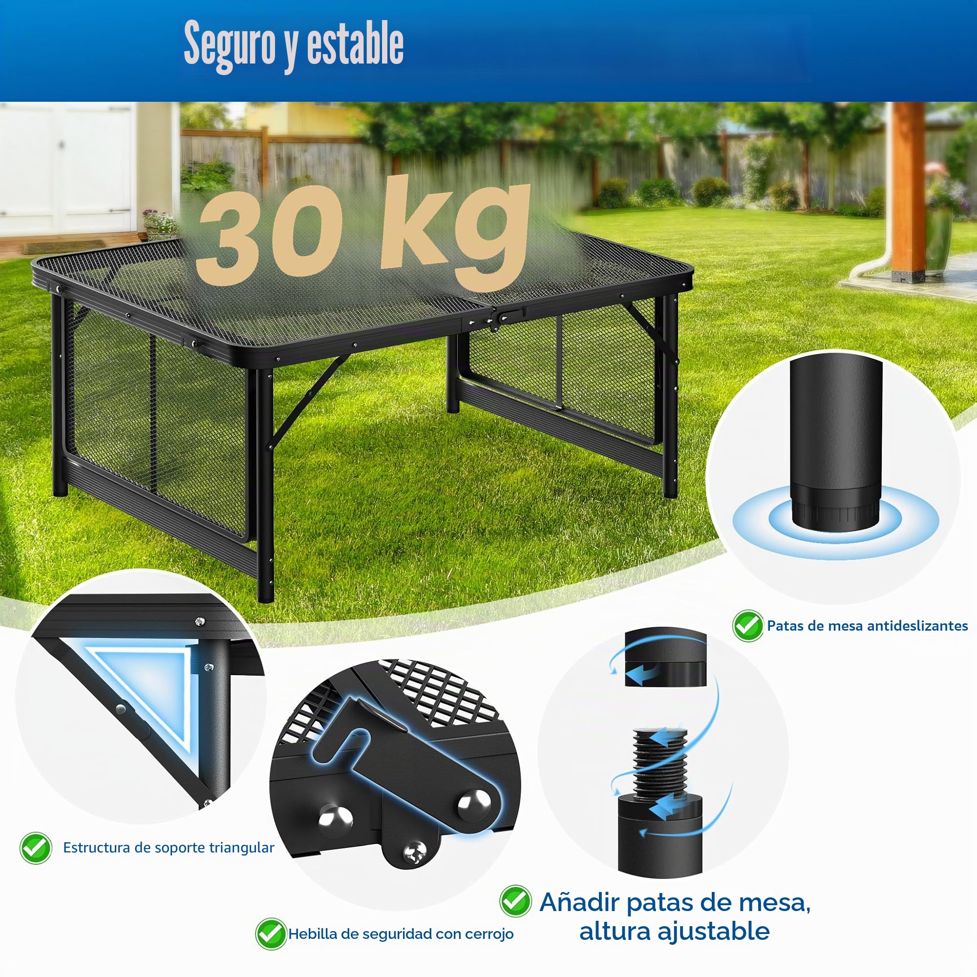 AufuN Mesa de Camping Portátil 90x60x39cm - 2 Alturas Ajustables, Plegable Multifunción Con Placa de Rejilla de Metal - Para Barbacoa, Jardín, Playa y Pícnic