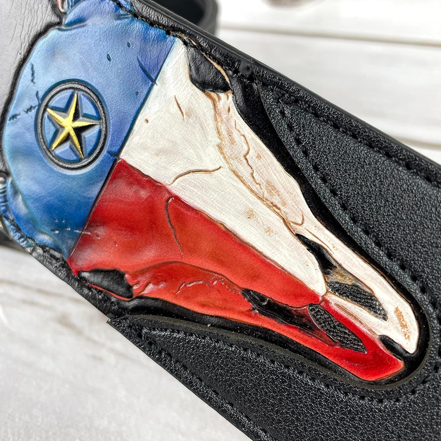 Walker & Williams CVG-19 Black Handmade Guitar Strap With Hand Tooled Red, White, And Blue Texas Star Longhorn Design On Premium Carving Leather For Acoustic, Electric, And Bass Guitars