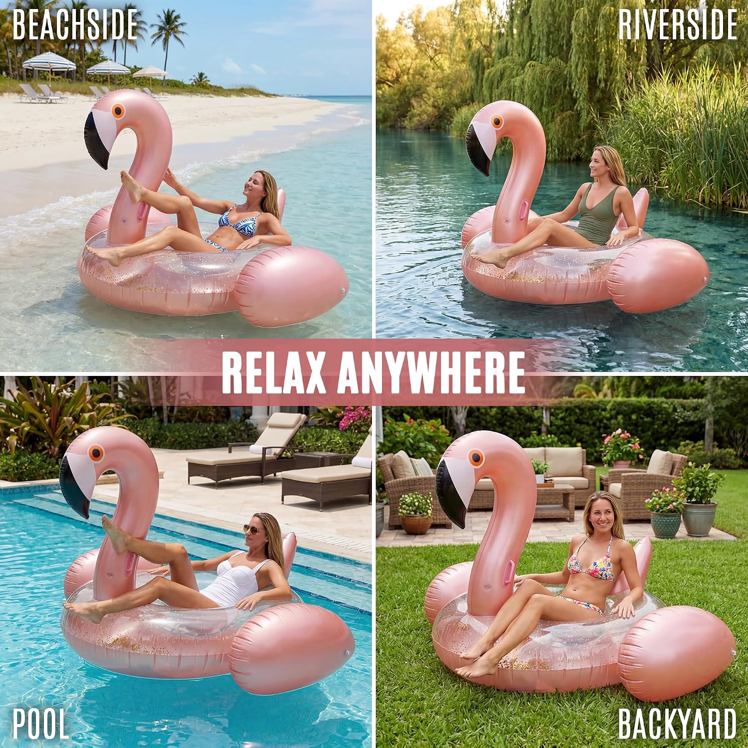 JAMBO Huge Flamingo Pool Float Floatie Ride On, Giant Float for Swimming Pool Beach Adults & Kids, Big Raft Pool Party Accessory, Large Flamingo Pool Toy, Pink Floatie, Pretty Floaties for Adults