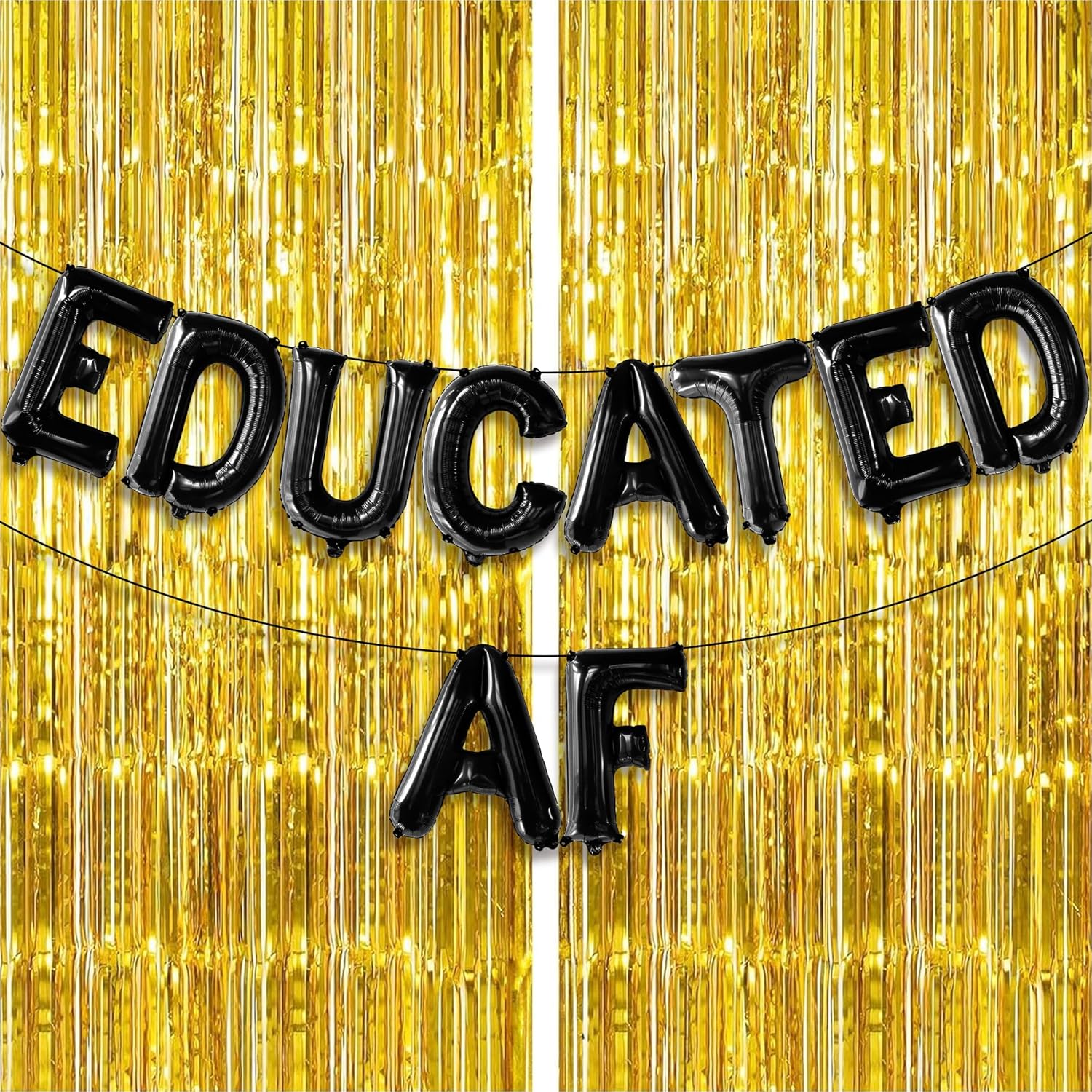 KatchOn, Black Educated AF Balloons Banner - 16 Inch | Gold Fringe Curtain Backdrop, Educated AF Graduation Balloons for Graduation Decorations Class of 2026 | Gold Streamer Backdrop for Party