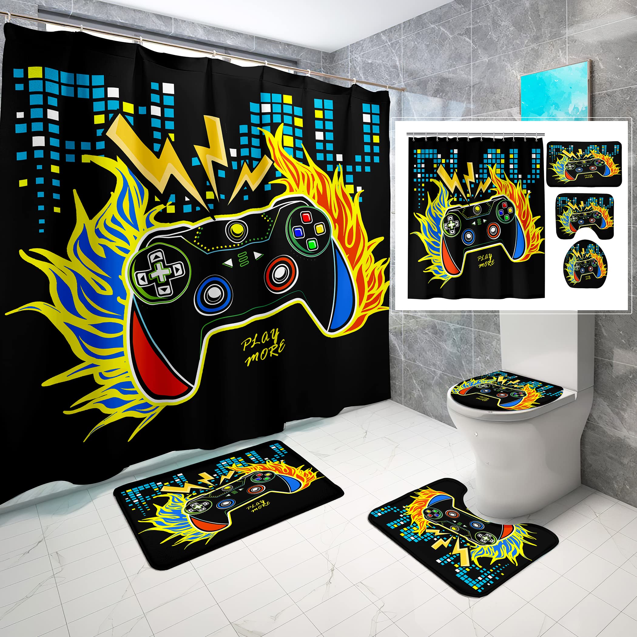 BATATADOCE Gamer Shower Curtain Set, 70x70 Inch, Polyester, Blackout, Video Games Theme, Bathroom Decor, Kids - Gamers