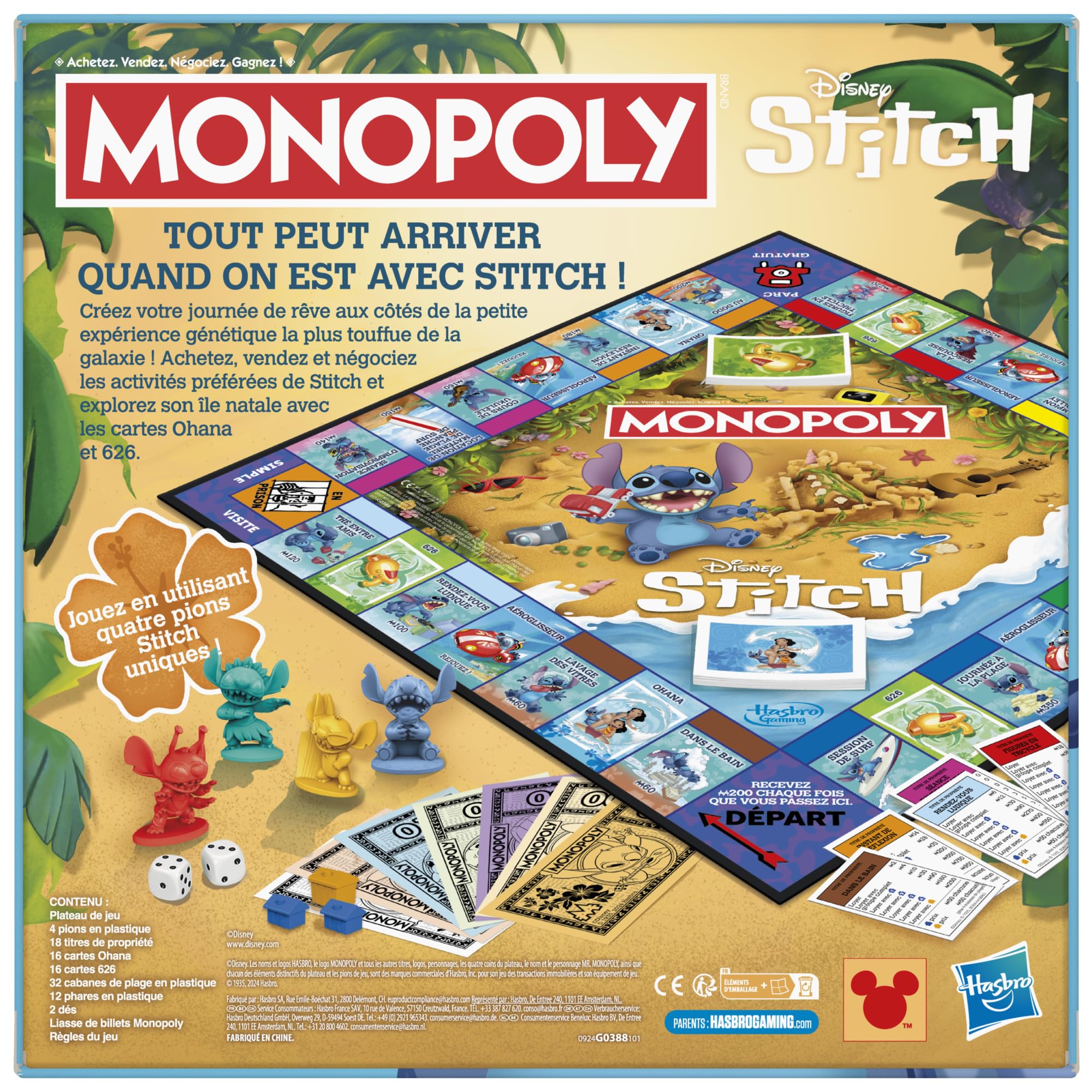 Jeu de Plateau Monopoly édition Disney Stitch - Version française, Jeu de société Familial et multijoueur pour Enfants, Ados et Adultes, Jeu de société, Dès 8 Ans