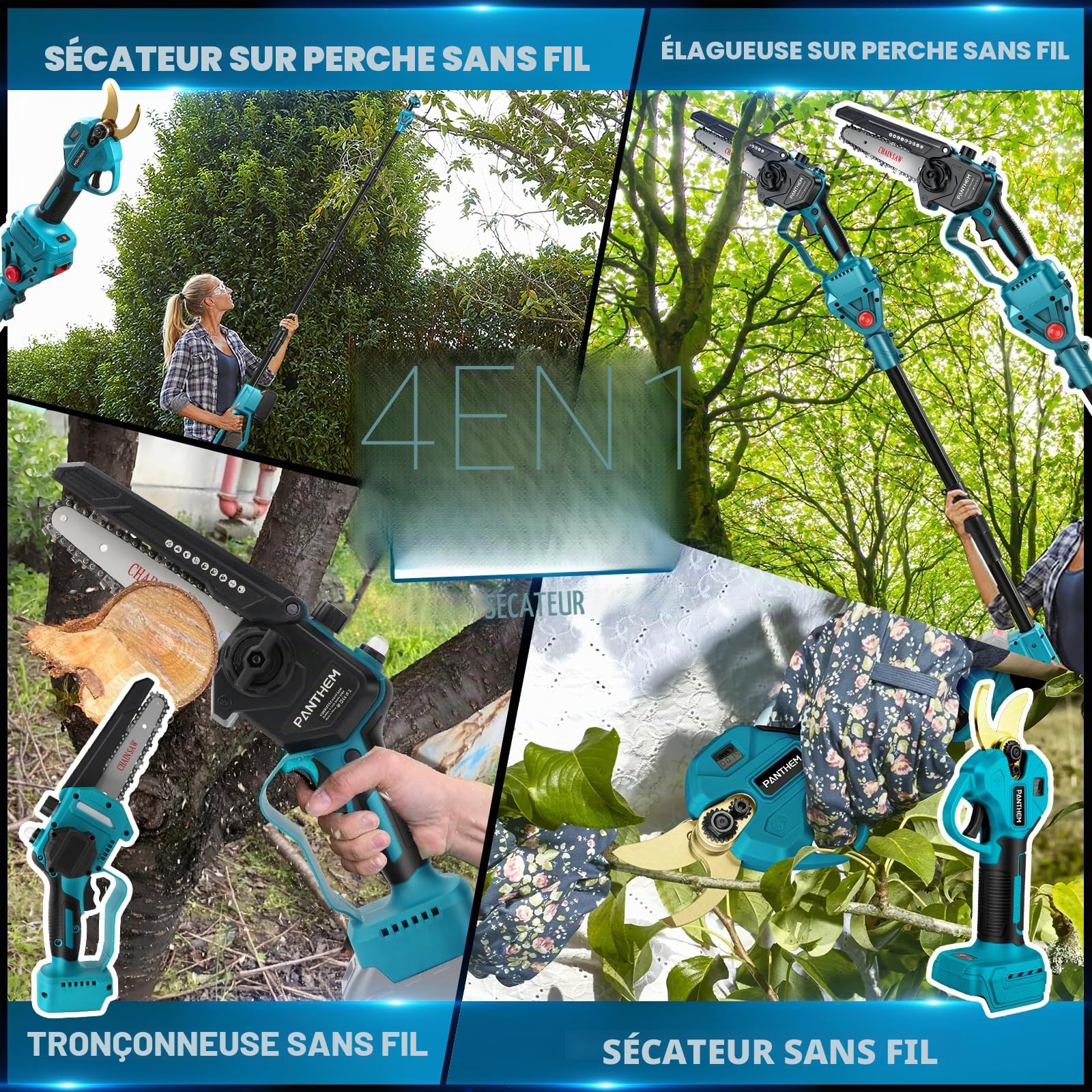 45 mm Sécateur Télescopique Électrique & 6 Pouces Mini Tronçonneuse | 4 en 1 sans Fil 2 x 4000 mAh, Perche Élagueuse électrique vec Perche Secateur à Batterie Professionnel, Sécateur à élaguer