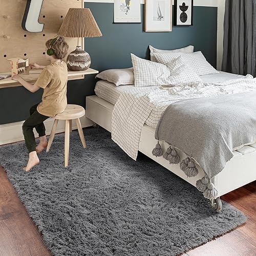 Miniatura 5 de Amdrebio Alfombra gris para dormitorio, alfombra moderna y esponjosa para sala de estar, alfombra peluda para habitación de niños, alfombra lanuda