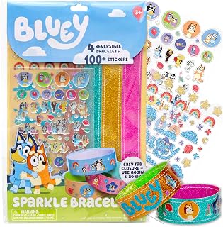 Bluey Sparkle Bracelet Making Kit, 4 Reversible Bracelets with Easy Closure, 100+ Traditional and Puffy Resin Stickers, DIY Bluey Jewelry, Arts and Crafts for Kids Age 8-12, Toddler Gifts