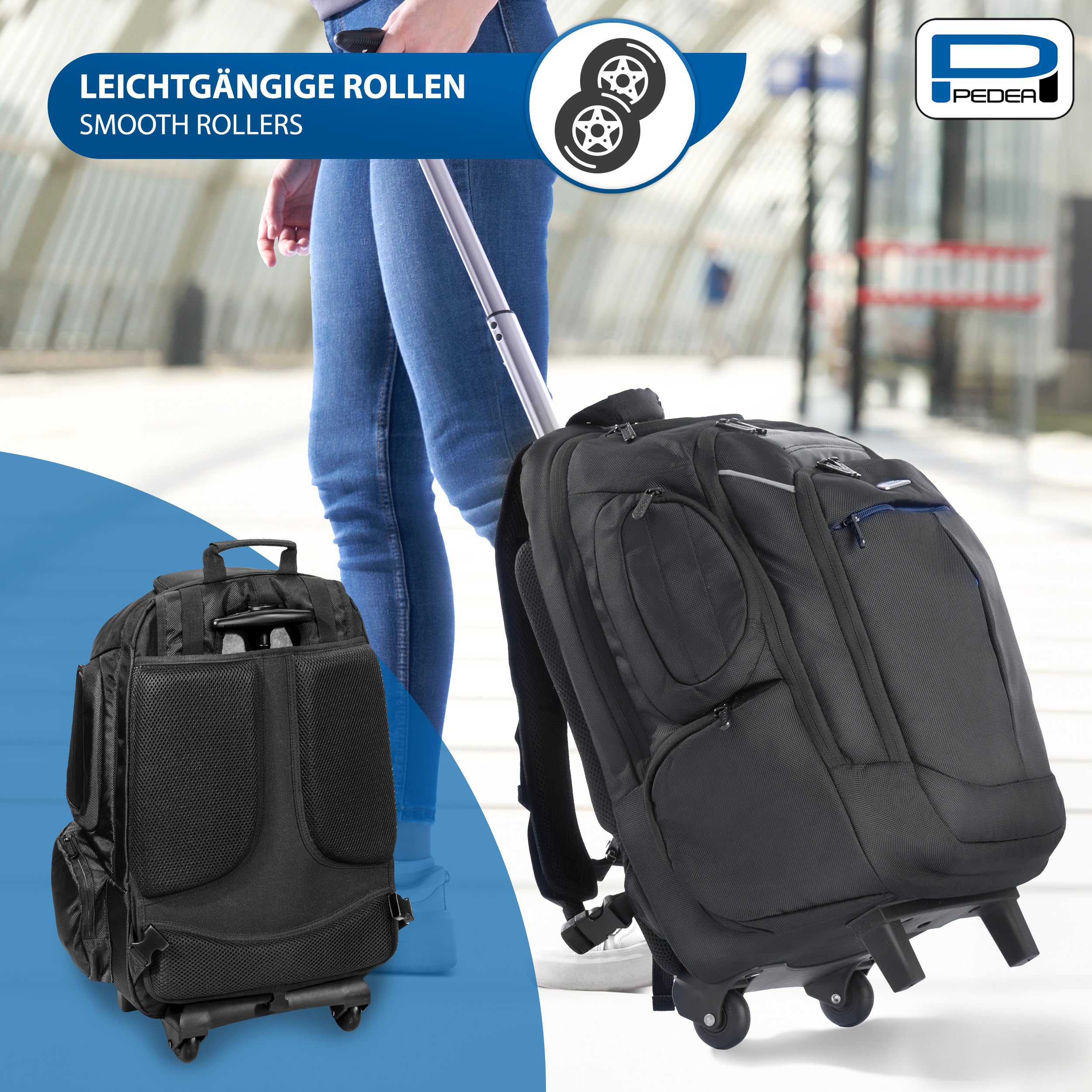 PEDEA Business Zaino Trolley “Premium” zaino per laptop fino a 17,3 pollici (43,9 cm) con scomparto per abbigliamento 24 ore e ruote, nero