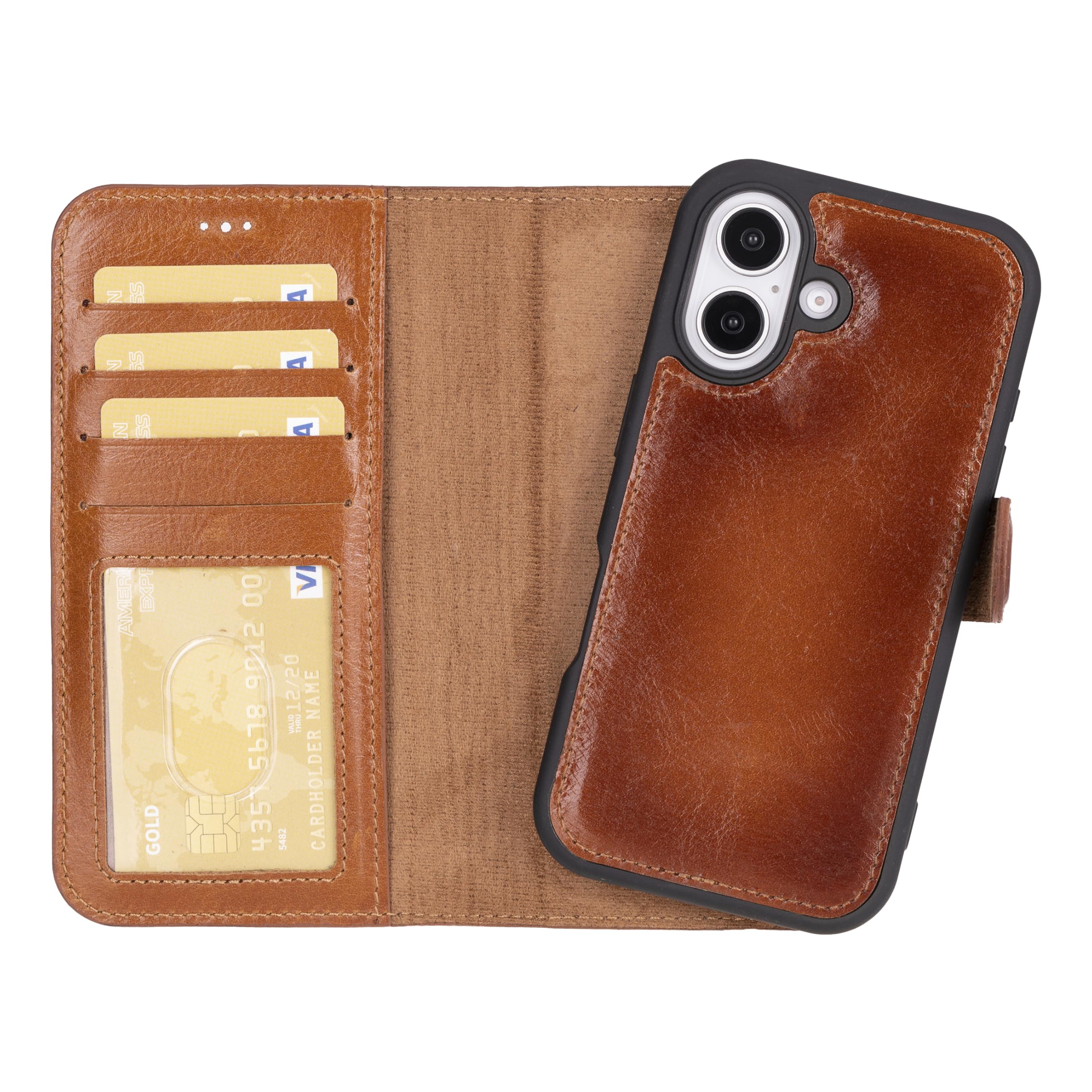 Funda tipo cartera de piel auténtica compatible con iPhone 16 (6.1 pulgadas), bloqueo RFID, tarjetero, soporta carga compatible con MagSafe, cierre magnético (bronceado rústico)