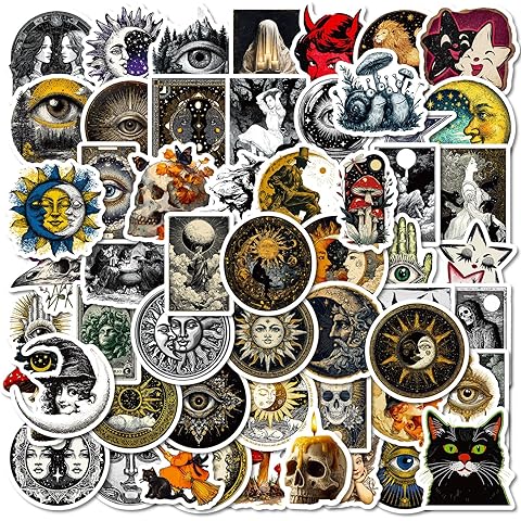 50Pcs Mysterious Celestial Stickers Graffiti Sun and Moon Decals, Waterproof Vinyl Cosmic Stickers for Laptop, Kindle, Scrapbook, Journal, Skateboard, Water Bottles, Luggage, Phone