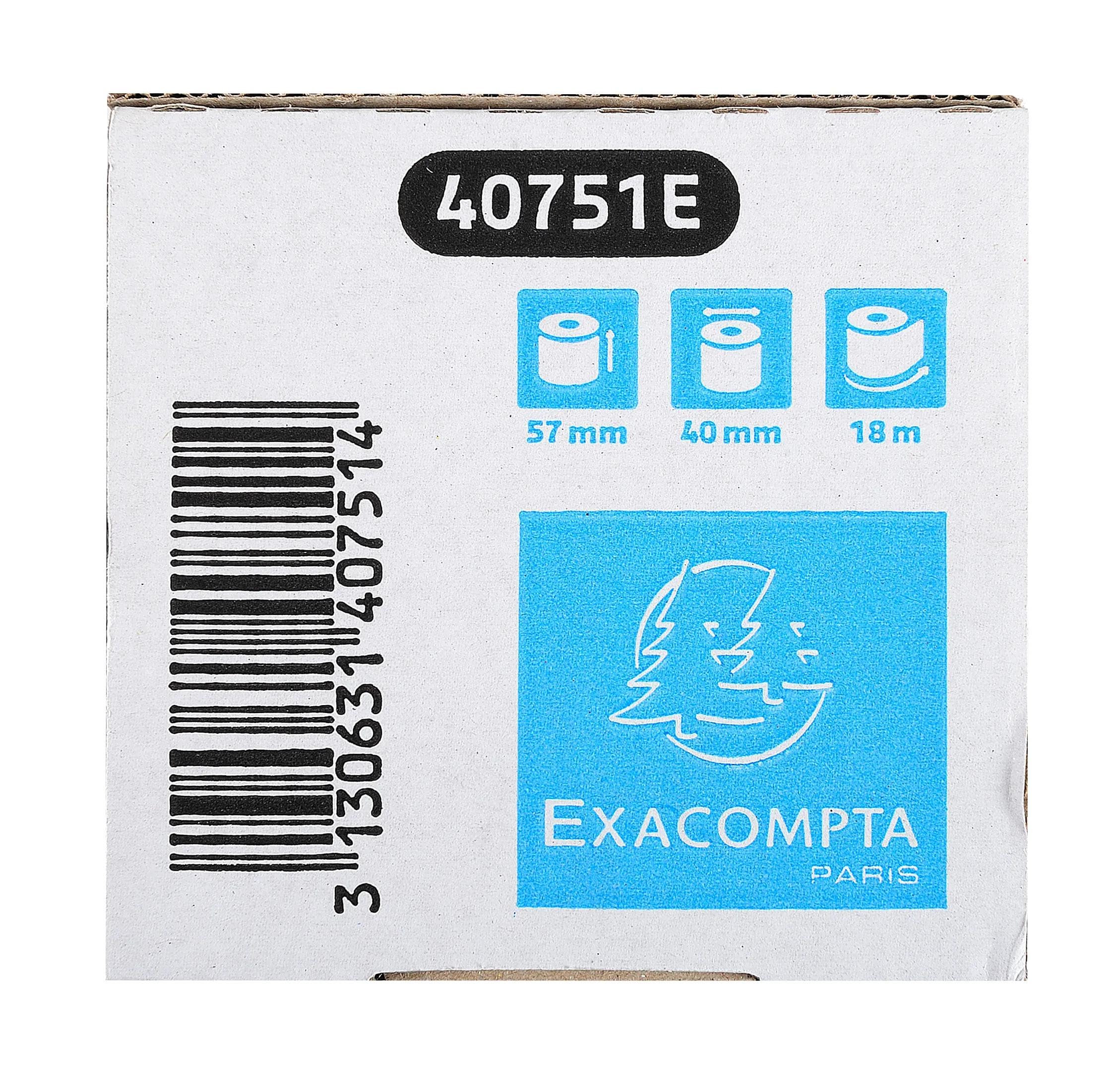 Exacompta - Réf. 40751E - Carton de 120 bobines pour tickets de carte bancaire - largeur 57mm x diamètre 40mm - mandrin 12mm - 1 pli thermique 55g/m² sans BpA - Métrage (+ ou - 2m) : 18 m - Blanc