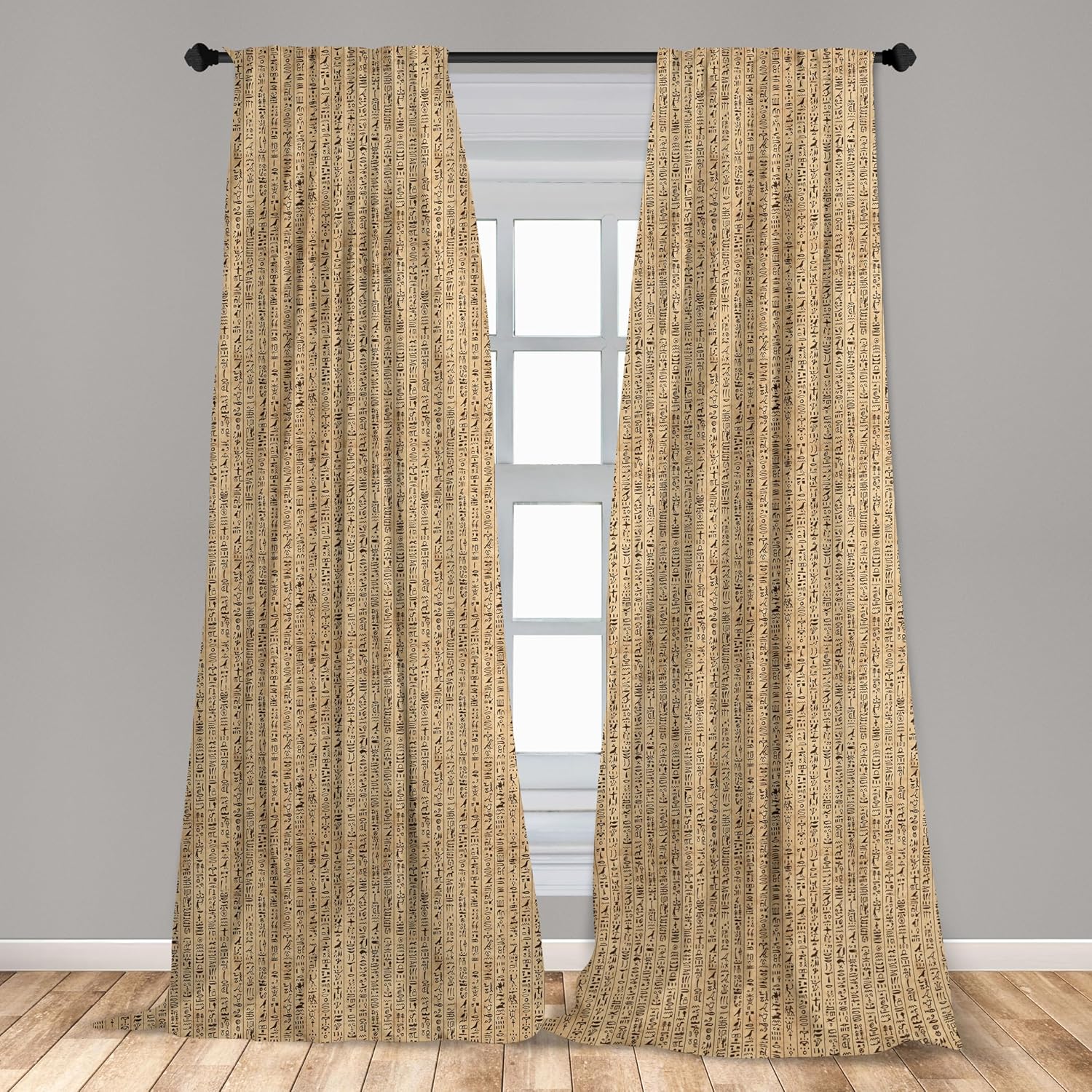 Ambesonne Egyptian Print Curtains, Hieroglyphs Grunge Pattern on Stripes Archeology History Language, Window Treatments 2 Panel Set for Living Room Bedroom, Pair of - 28" x 84", Brown Black