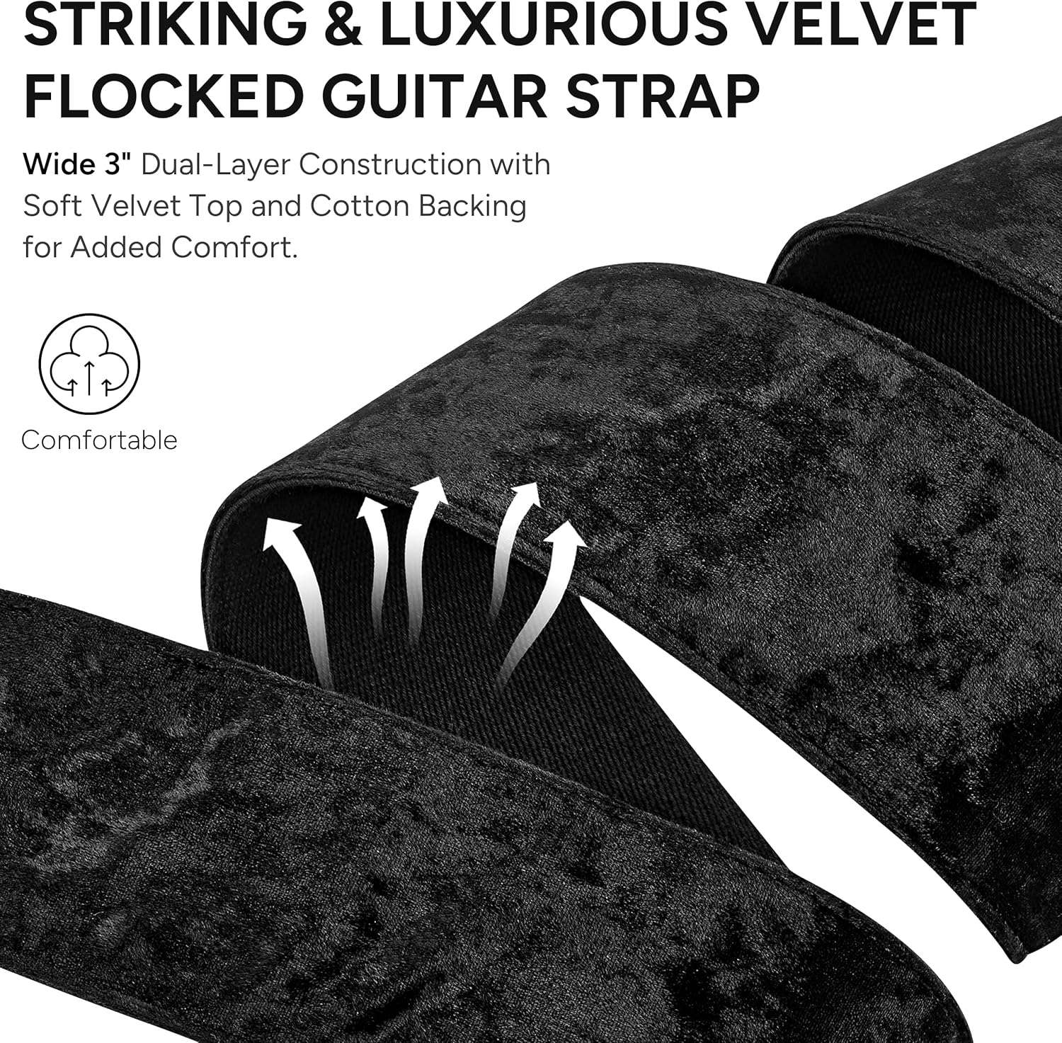 Amumu 3" Flocked Velvet Guitar Strap with Microfiber Leather Ends - Fits Acoustic, Bass and Electric Guitar - Black