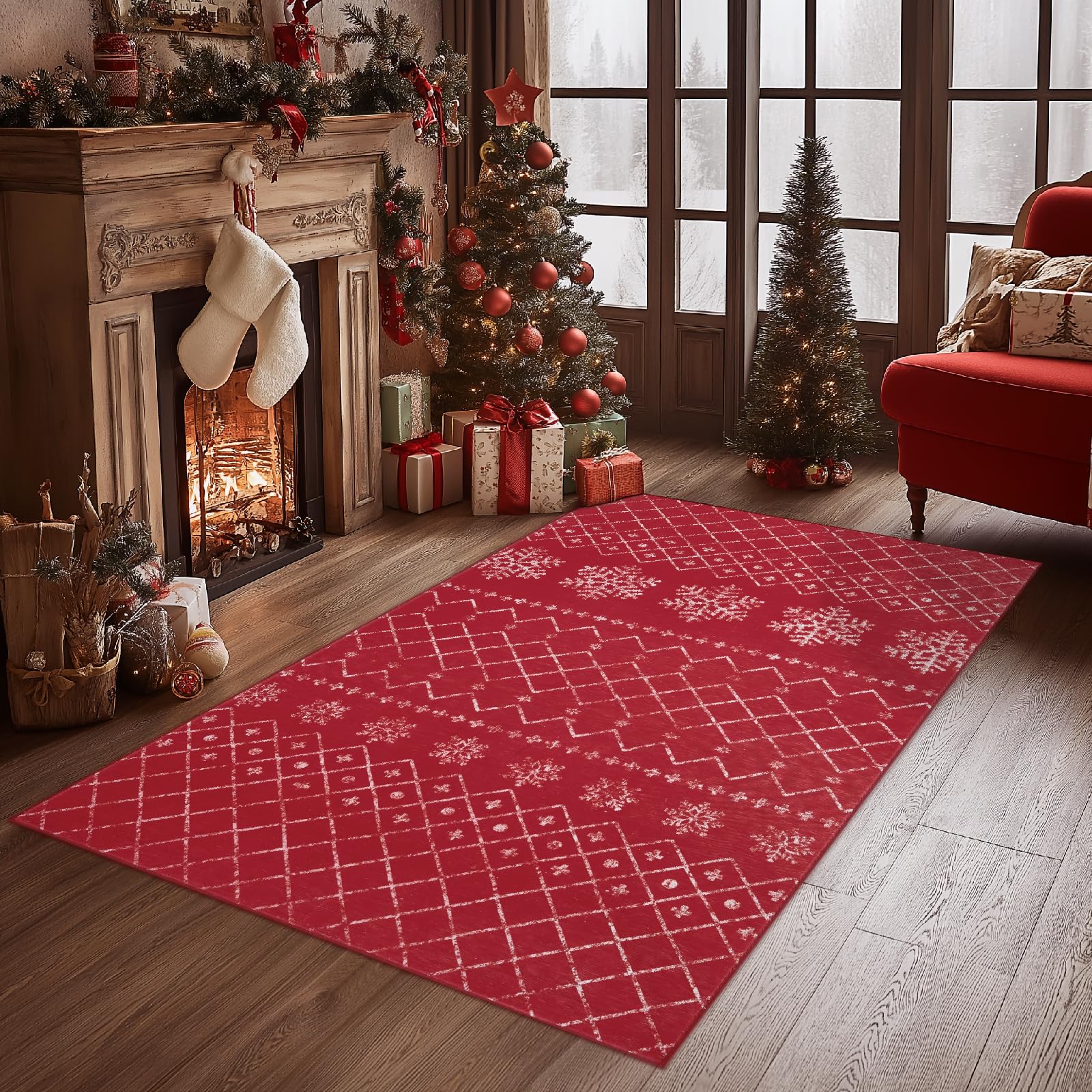 Amazon.com: jinchan Christmas Area Rug 4x6 Red Rug Xmas Snowflake ...