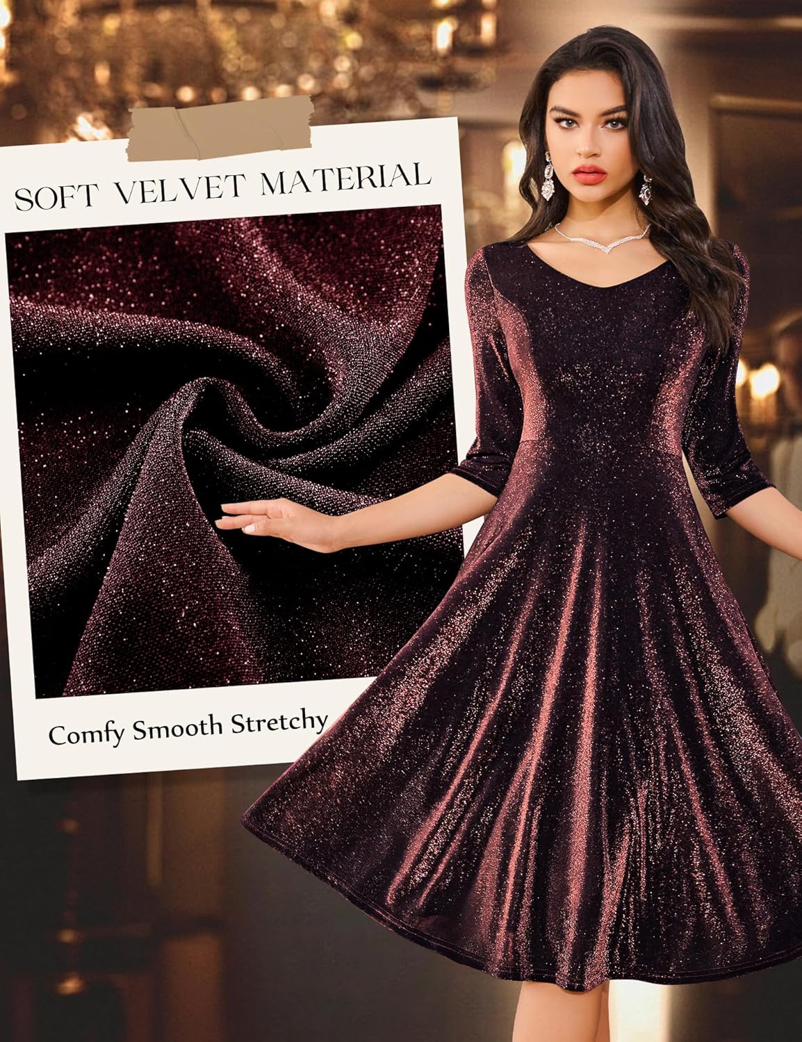 Dressystar Womens Velvet Midi Sequin Cocktail Dress Fall Winter Long Sleeve Formal Wedding Guest Party Dresses with Pocket - Image 6