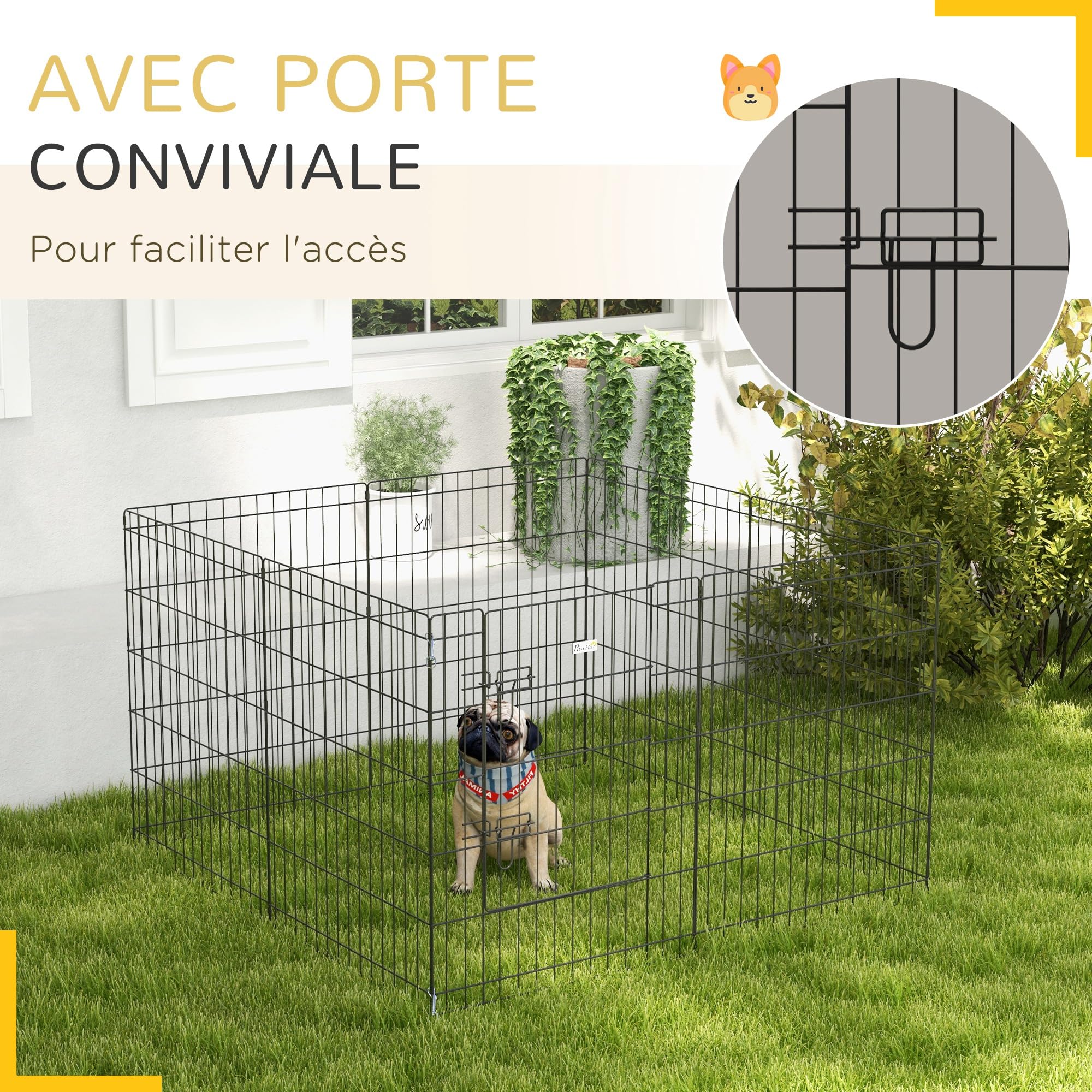 PawHut Parc enclos modulable pour Chiens Lapins rongeurs clôture pour Petits Animaux intérieur et extérieur Pliant 1 Porte verrouillable 8 Panneaux en Fil de métal 61 x 76 cm Noir