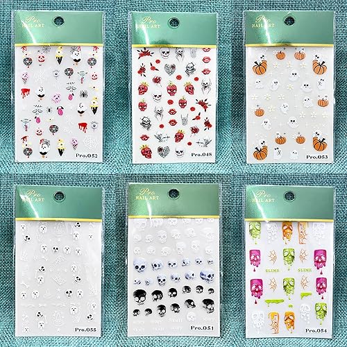 Miniatura 6 de 6 hojas de calcomanías de arte de uñas de Halloween, esqueleto 5D, calabaza, estereoscópicas, calcomanías de uñas en relieve, suministros de arte de