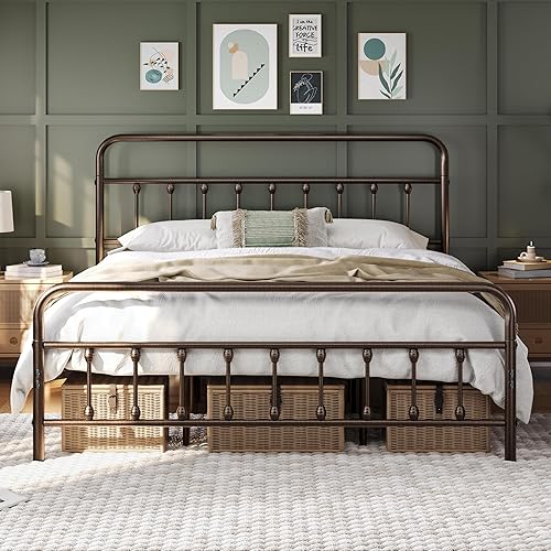 Miniatura 10 de Yaheetech Base de cama clásica de metal con base de colchón con estilo victoriano, cabecera, estribo, almacenamiento debajo de la cama, no necesita