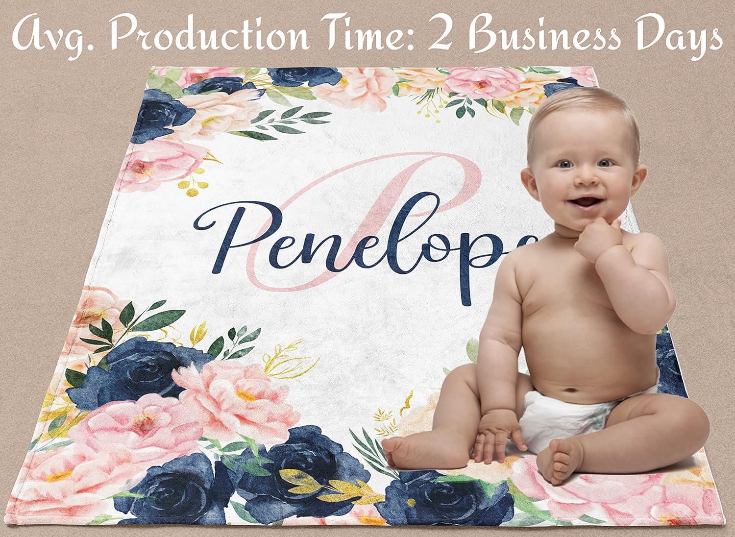 Personalized Baby Blankets for Girls with Name - Custom Monogrammed for Newborn Infant Toddler or Kid, Floral Pink & Navy