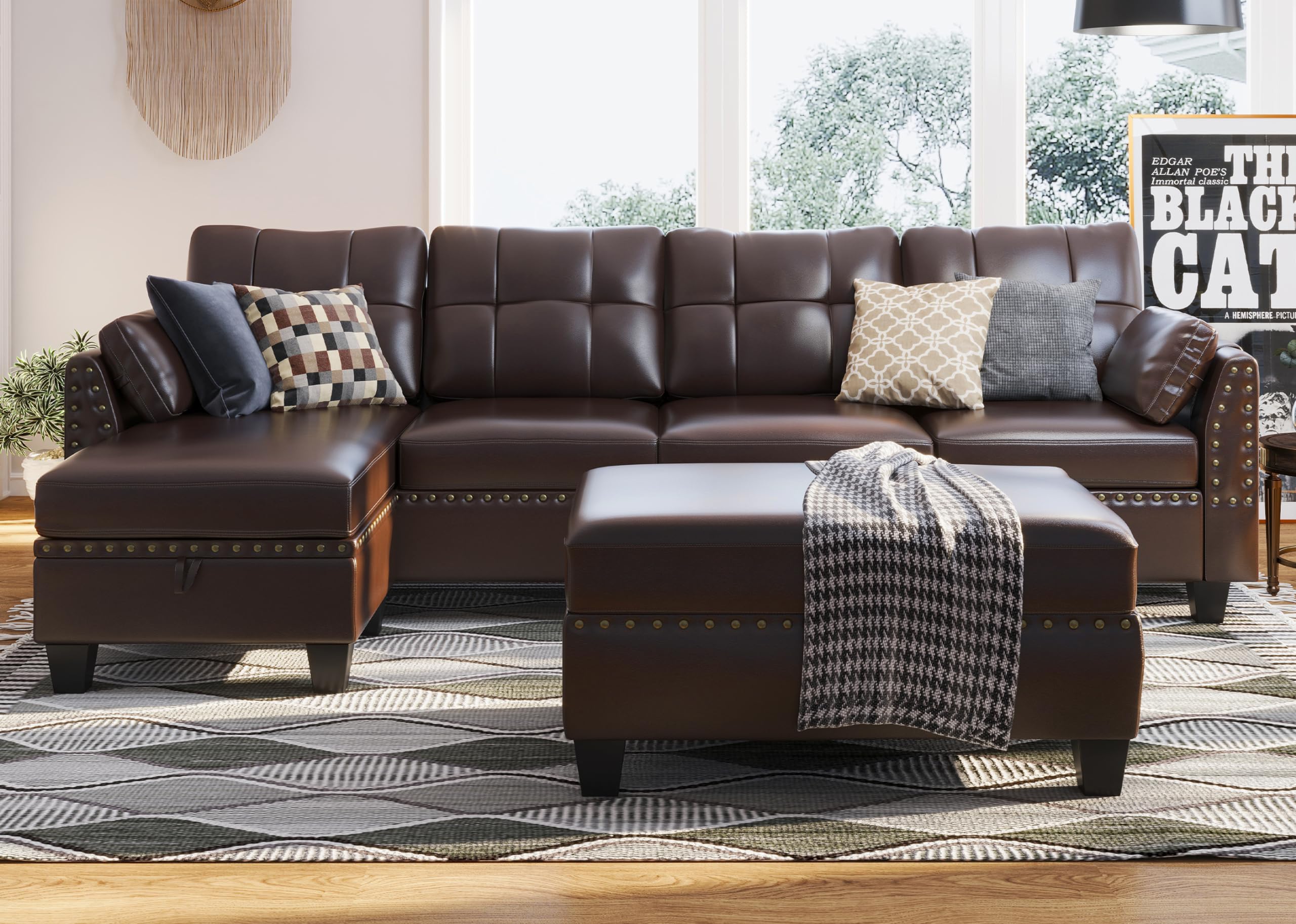HONBAY Faux Leather Sectional Sofa Couch Set L Shaped Couch Sofa Set for Living Room Reversible Sofa Sectional with Storage Ottoman for Small Apartment (Sectional+Hydraulic Rod Ottoman)