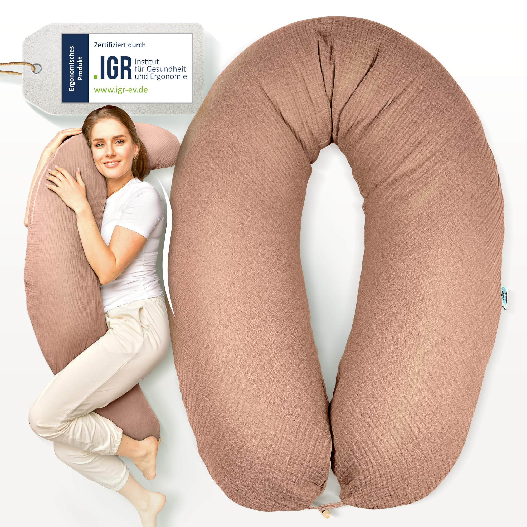 Sei Design - Cojín de Lactancia XXL 190 x 30 cm, Relleno de Bolitas de Fibras 3D, Muy Suave y Cómodo. Funda con Cremallera y Bordado Beige Pardo Talla:XXL