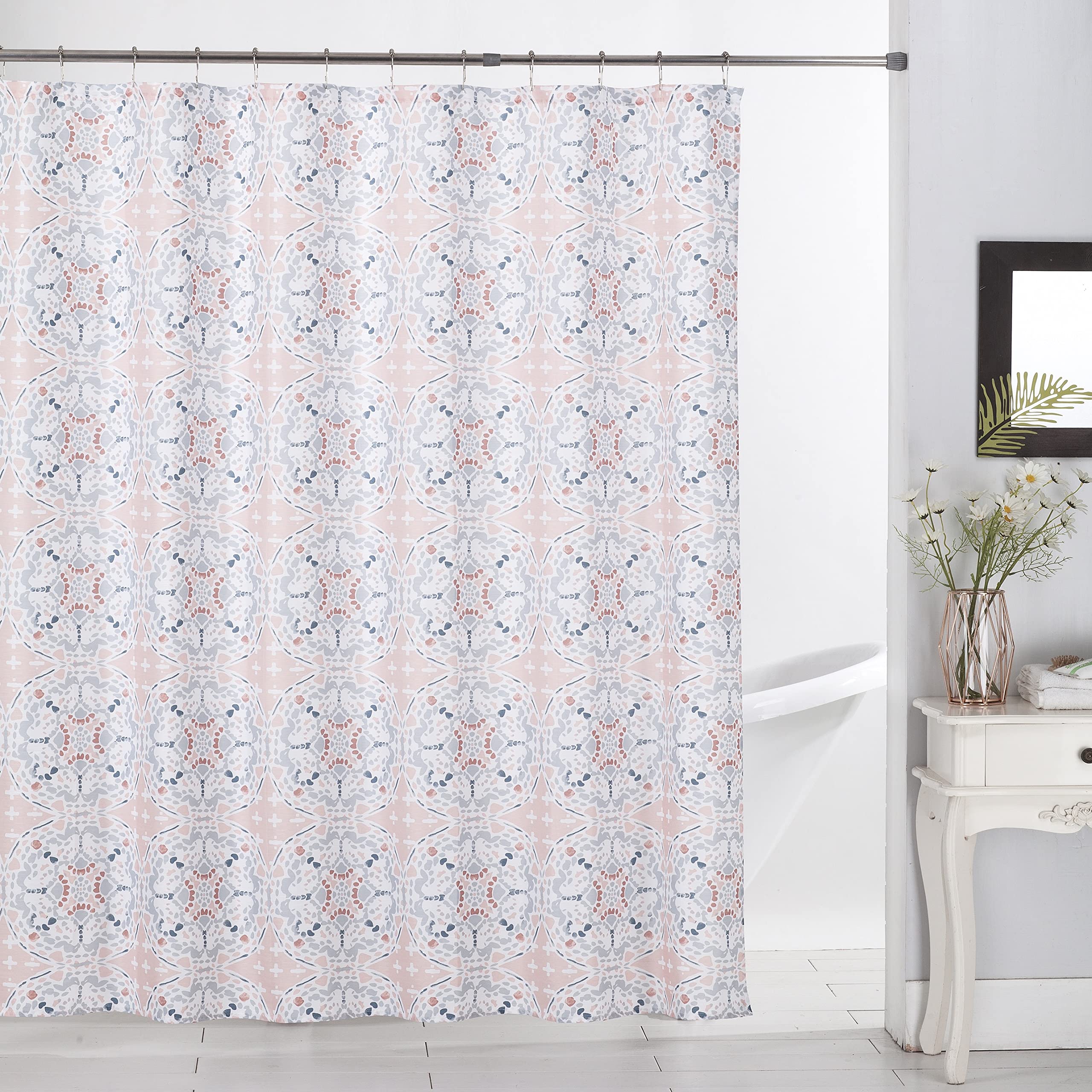 JUPA Place Premium Polyester Fabric Floral Shower Curtains - Machine Washable Floral Fabric Shower Curtain Liner - Lightweight Shower Curtain with 12 Hooks -(Geometric Peach/White Circle)