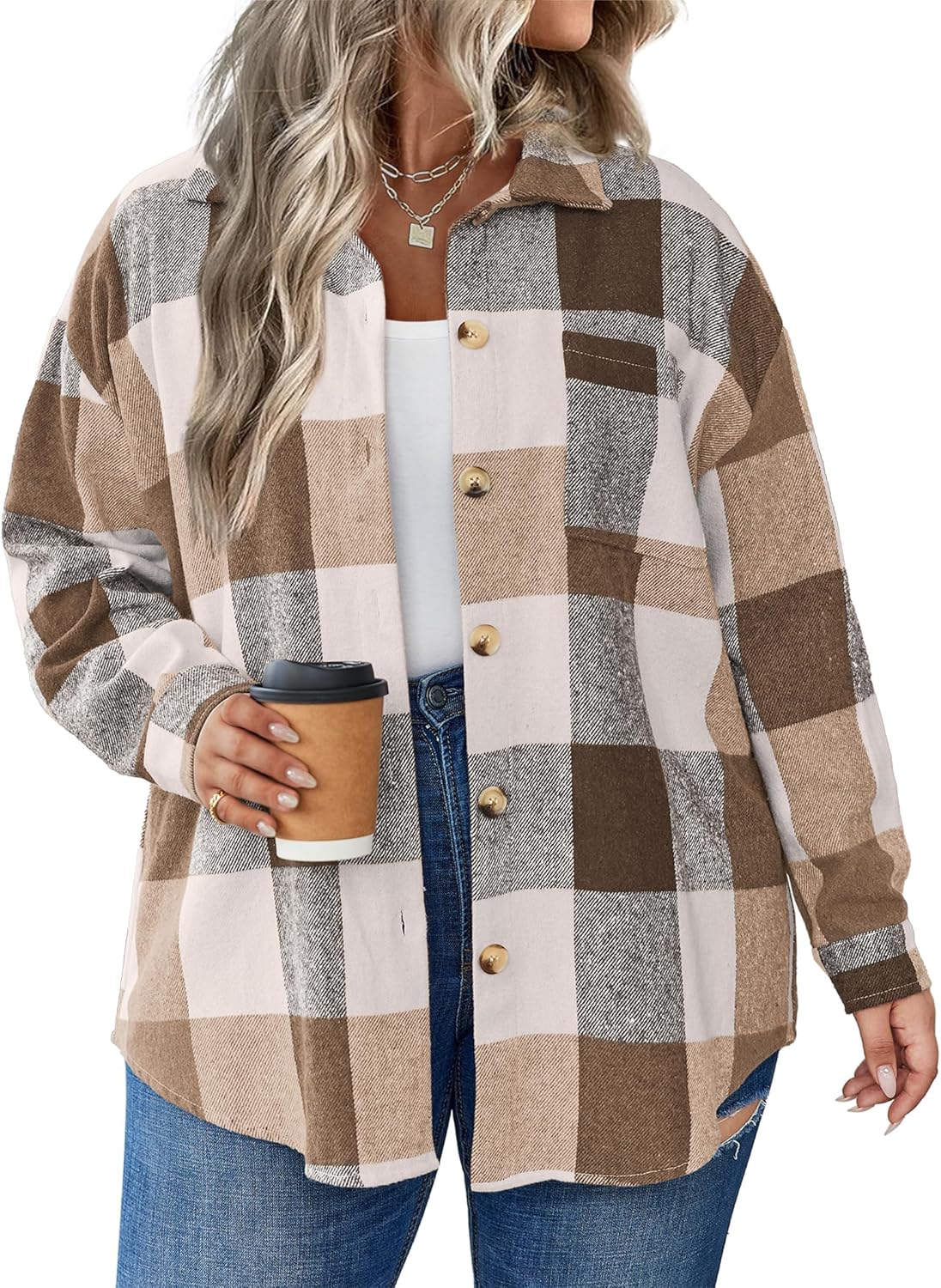 IN'VOLAND Women's Plus Size Plaid Shacket Long Sleeve Button Down Flannel Shirts Casual Jacket Coats