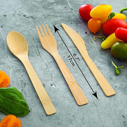 Miniatura 5 de 2ZEBRAZ - Juego de cubiertos de bambú  100 utensilios desechables (50 tenedores, 25 cuchillos, 25 cucharas)  Cubiertos suaves reutilizables, vajilla