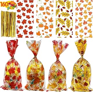 Fall Cellophane Bags - 160 Pcs Fall Treat Bags Fall Goodie Bags Fall Candy Bagsfall Snack Bags Fall Treat Bags With Ties Autumn Treat Bags Fall Party Bags With Gold Twist Ties For Thanksgiving Fall Party Supplies