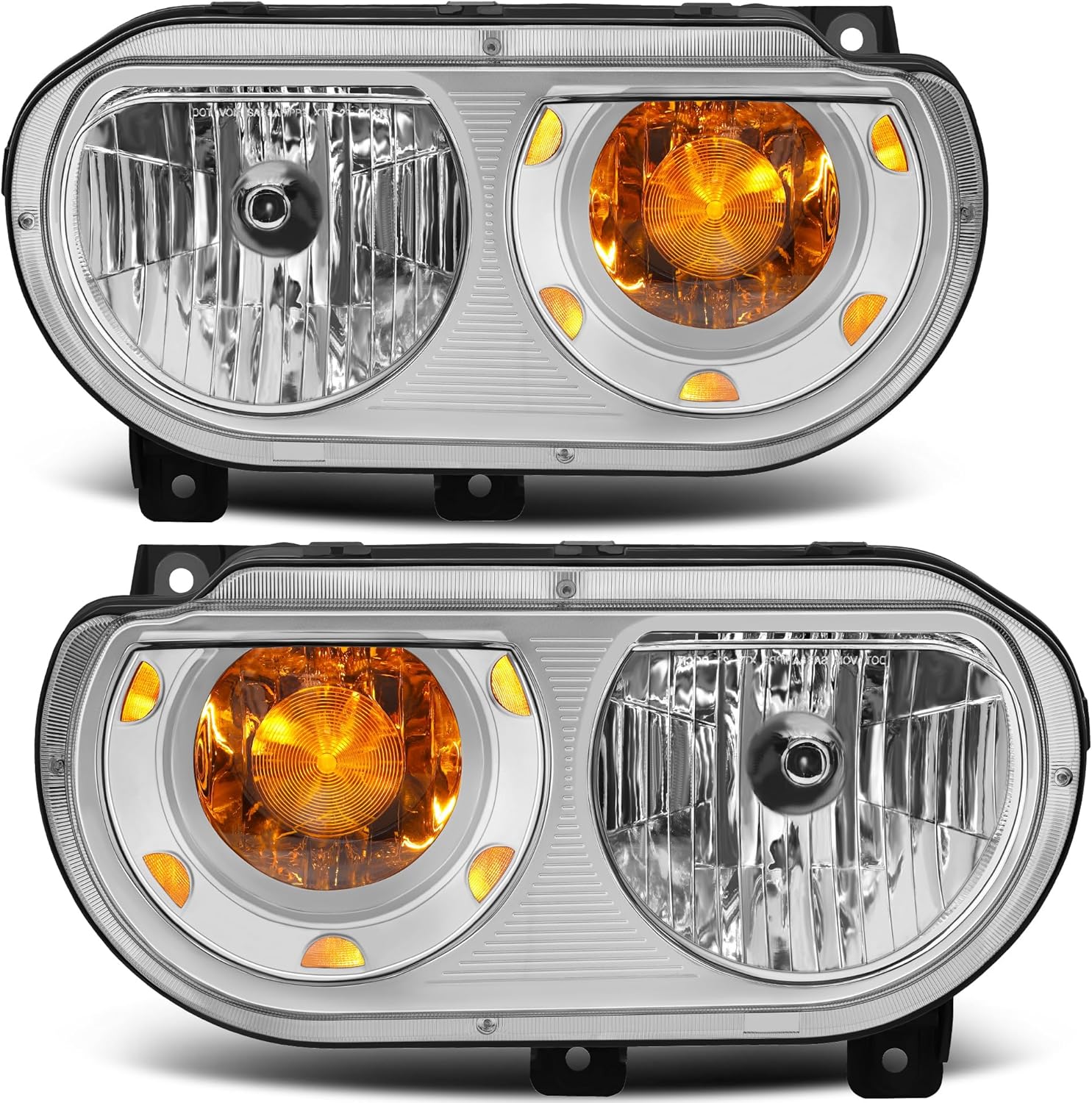 Headlights Assembly Fit For 2008-2014 Dodge Challenger (Chrome Housing Amber Reflector)