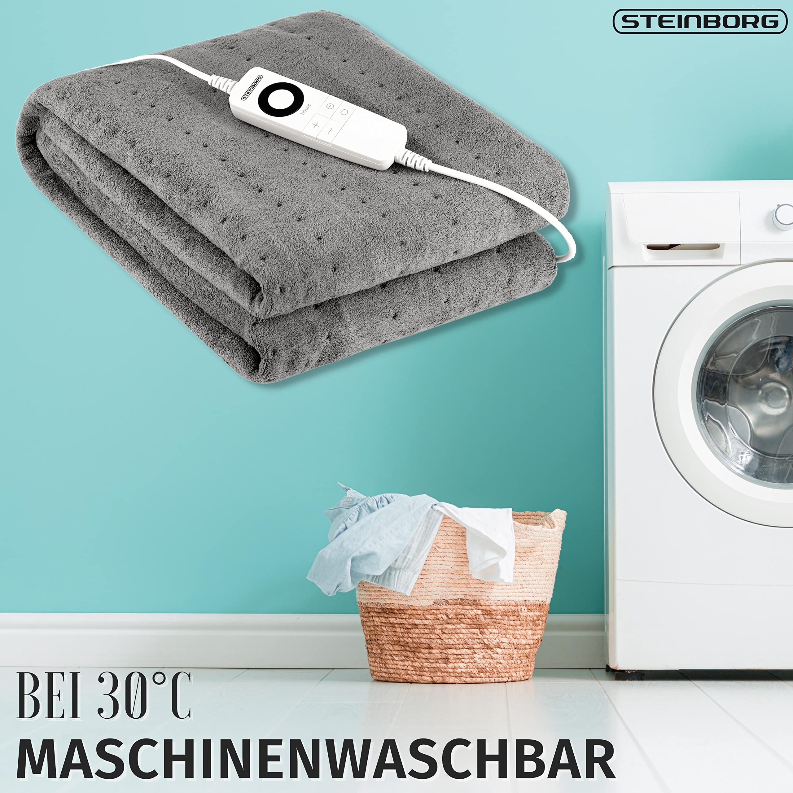 Steinborg Elektrische Heizdecke mit Abschaltautomatik | 150 x 80 cm | 6h Timer | bei 30° waschbar | 6 Temperaturstufen | Fernbedienung | Wärmedecke | Wärmeunterbett | Wärme Decke