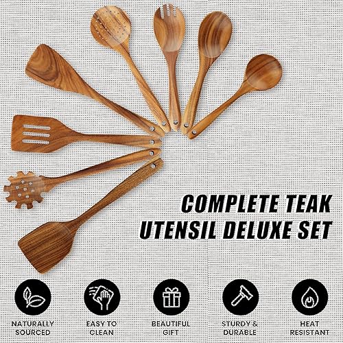 Miniatura 4 de FJNATINH Cucharas de madera para cocinar, juego de utensilios de cocina de madera de teca de 10 piezas con soporte