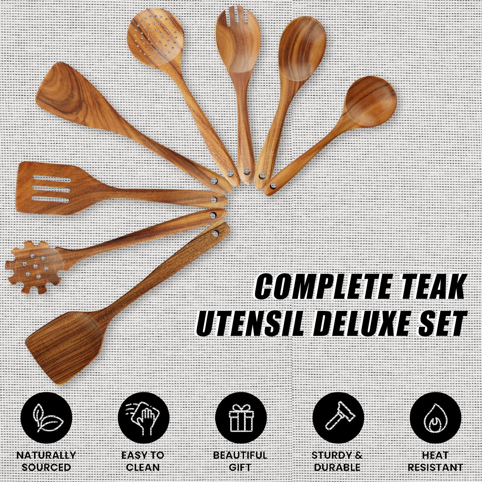 FJNATINH Holzlöffel zum Kochen, 10-teiliges Teakholz-Kochutensilien-Set mit Halter, Küchenutensilien-Set aus Holz für antihaftbeschichtete Pfannen und Kochgeschirr