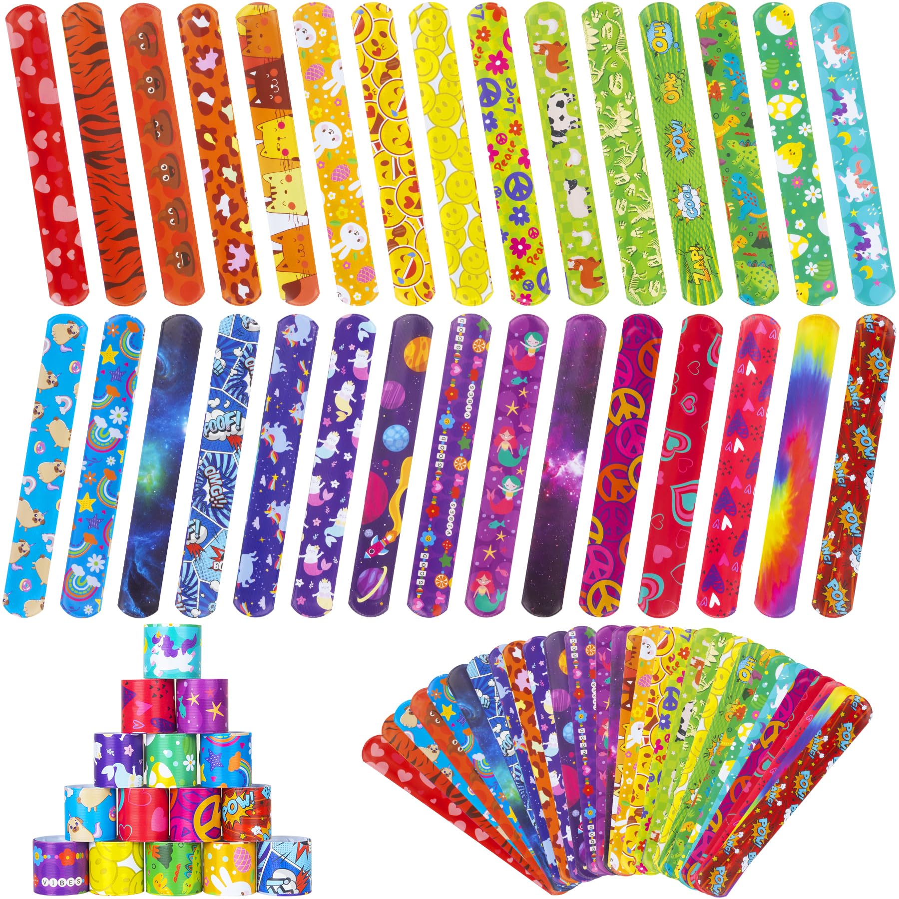 RICEDUO 60 Pcs Slap Bracelets for Kids, 30 Styles Colorful Bulk Slap Wristbands - Animals Heart Galaxy Cute Slap Bracelets for Easter Party Favors Classroom Prizes Exchanging Gifts