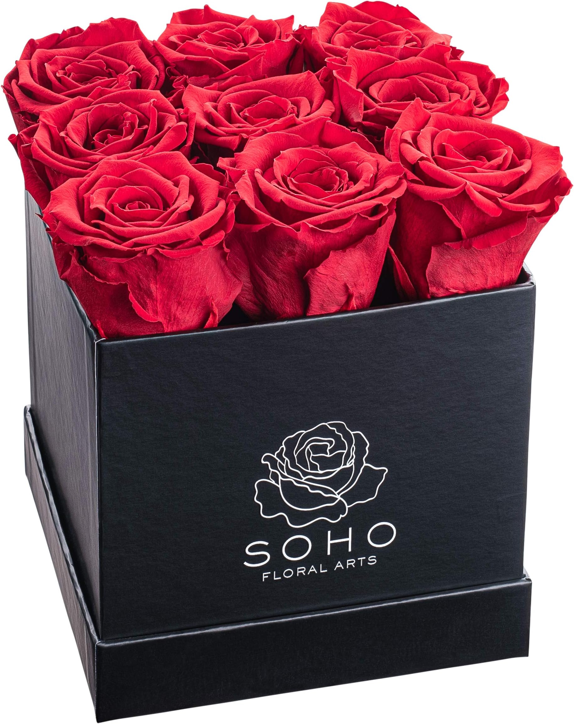SOHO FLORAL ARTS New Roses Preserved Flowers | Genuine Roses That Lasts for Years | Flowers for Delivery | Large/XL Box (Black Box Red Roses 9ct)