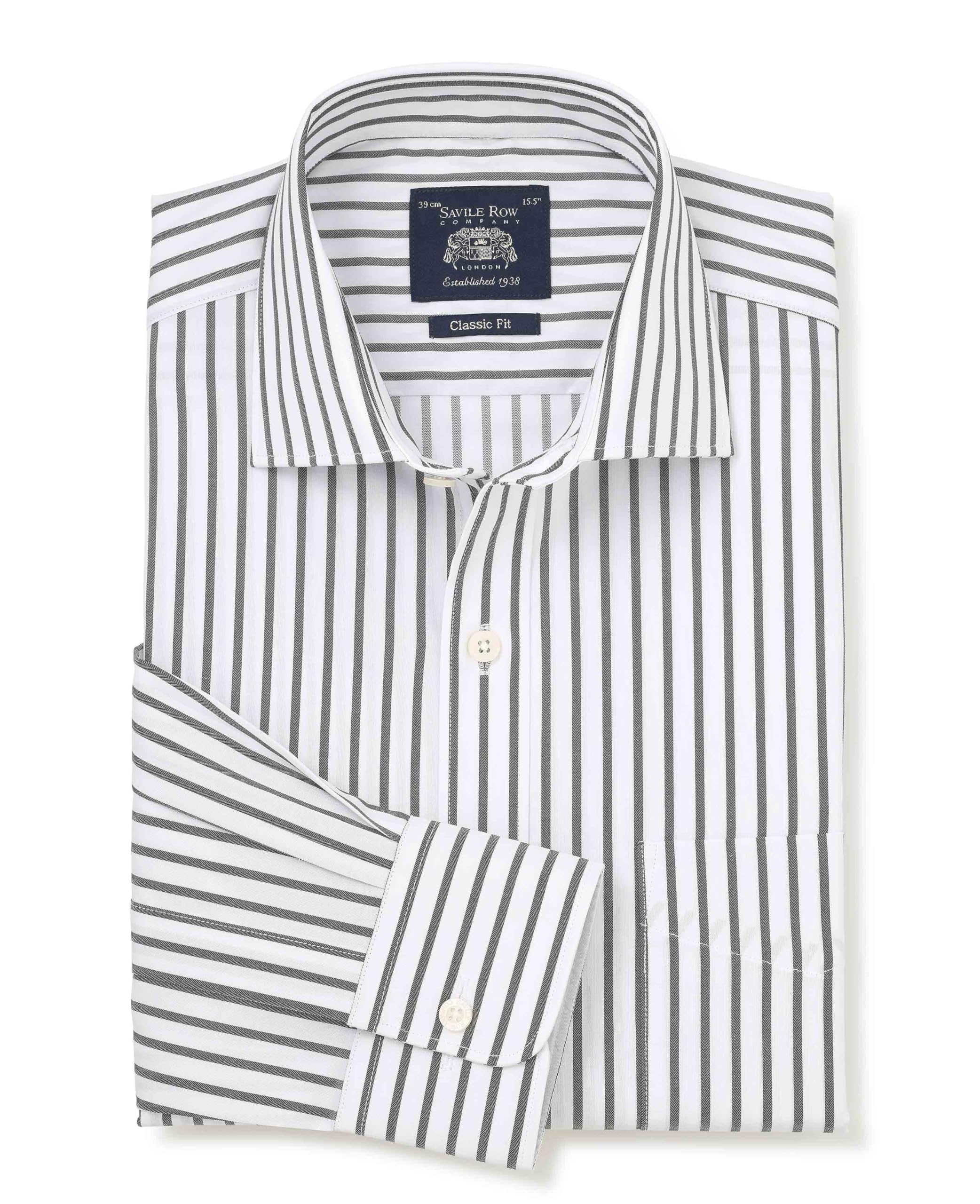 THE SAVILE ROW COMPANY LONDON Men's Classic Fit Cotton Poplin Single Cuff Formal Shirt - Khaki White Stripe - 18.5" Collar