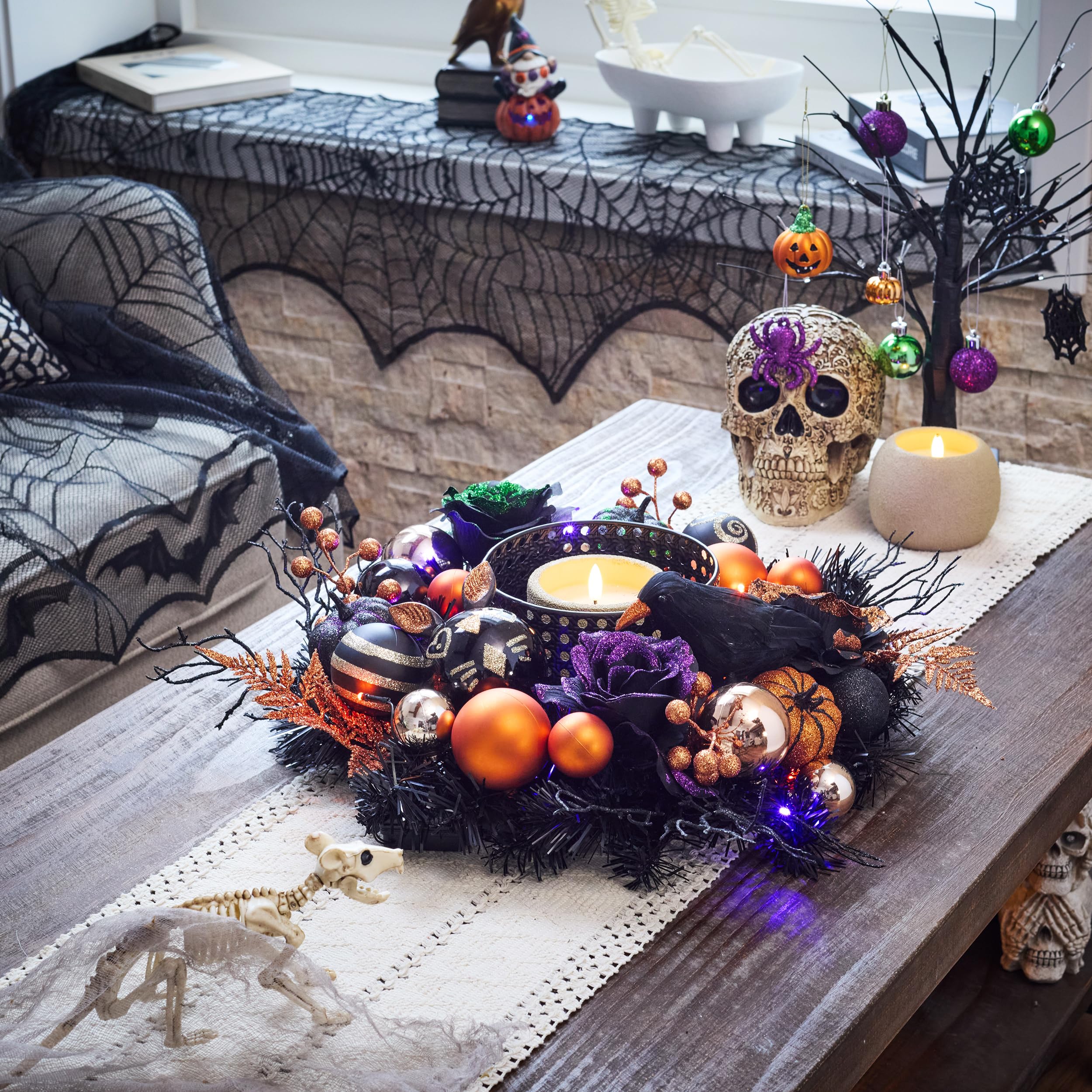 Valery Madelyn Corona de Halloween para puerta delantera con luces, corona de calabaza preiluminada de 24 pulgadas, decoración de Halloween para el hogar, porche, mesa, centro de mesa, ventana