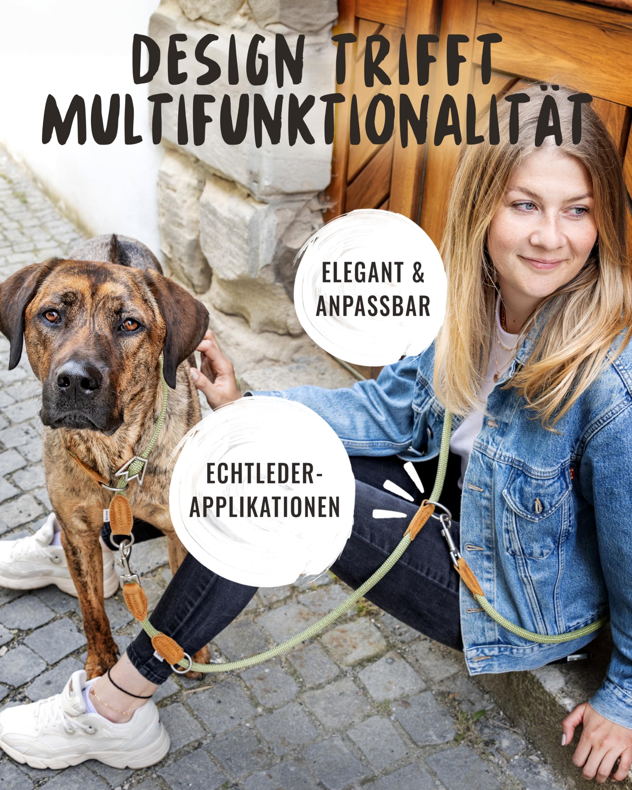 Rudelkönig Führleine Emma 2,30m - Verstellbare Hundeleine für mittelgroße & große Hunde - Elegante Tauleine in Khaki